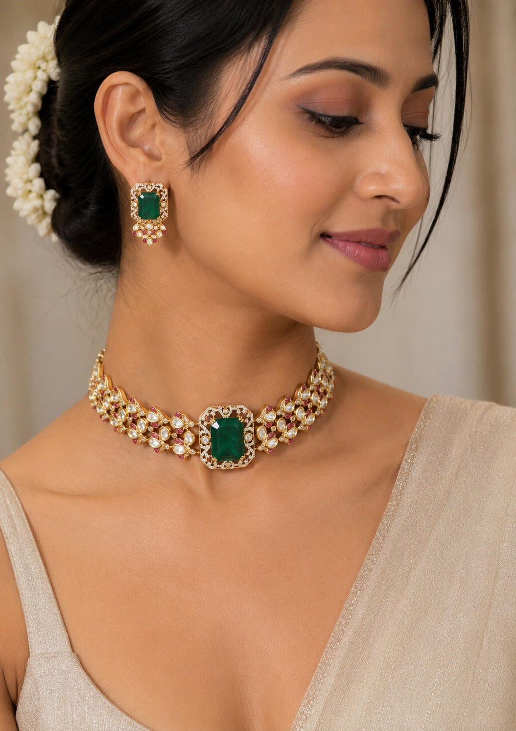 Emerald Green Polki Choker Necklace Set with Statement Earrings