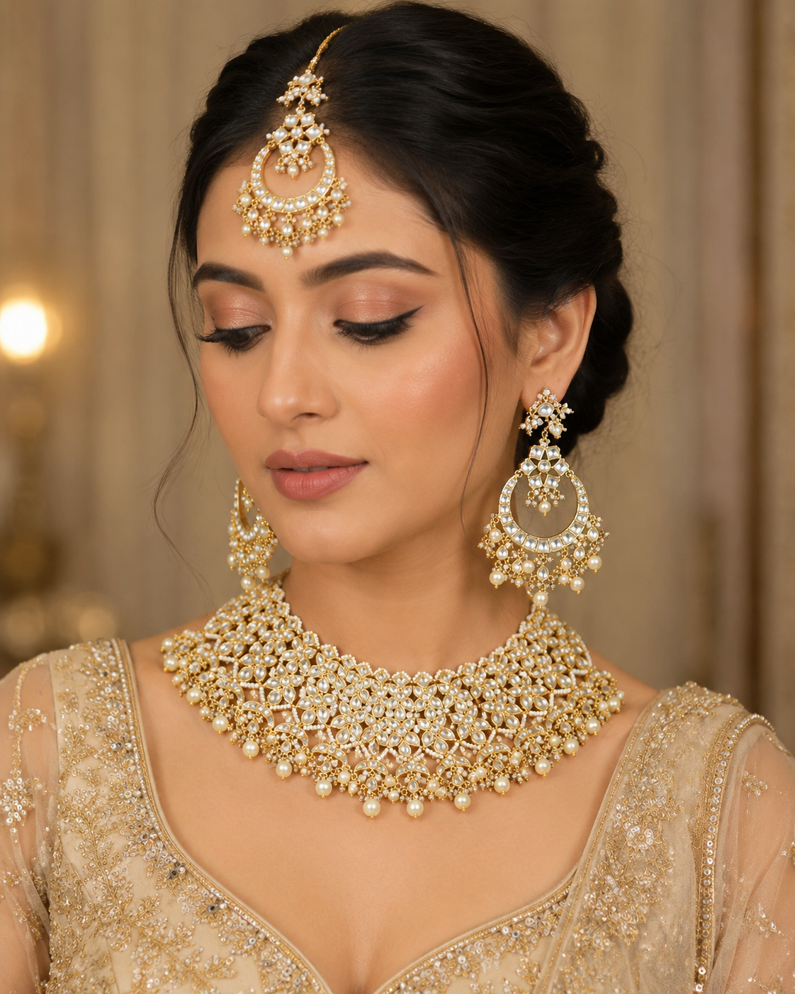 Royal Jaipuri Kundan Pearl Floral Choker Necklace Set with Chandbali Earrings & Maang Tikka