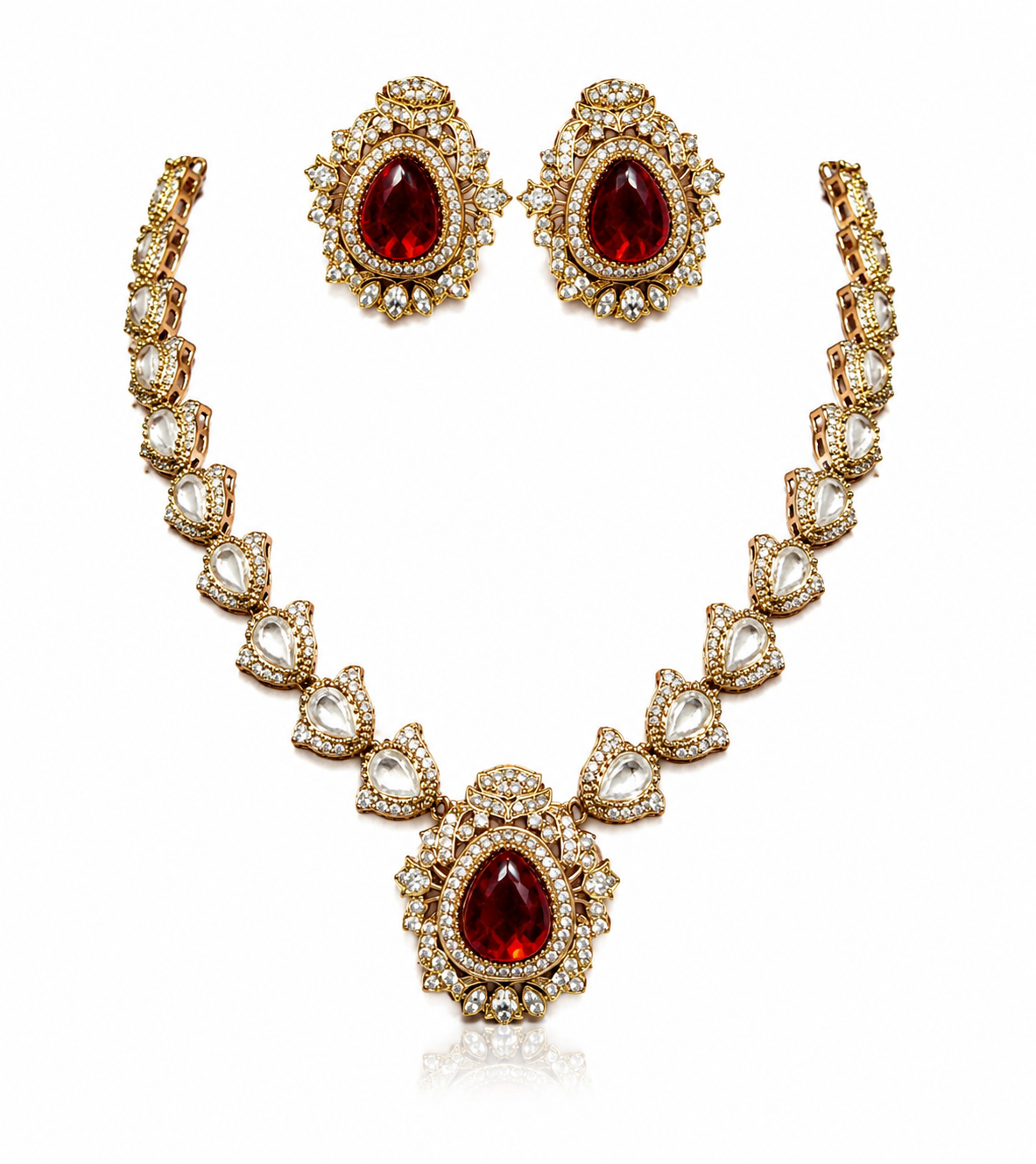 Ruby Red Jaipuri Kundan Statement Necklace Set with Matching Earrings