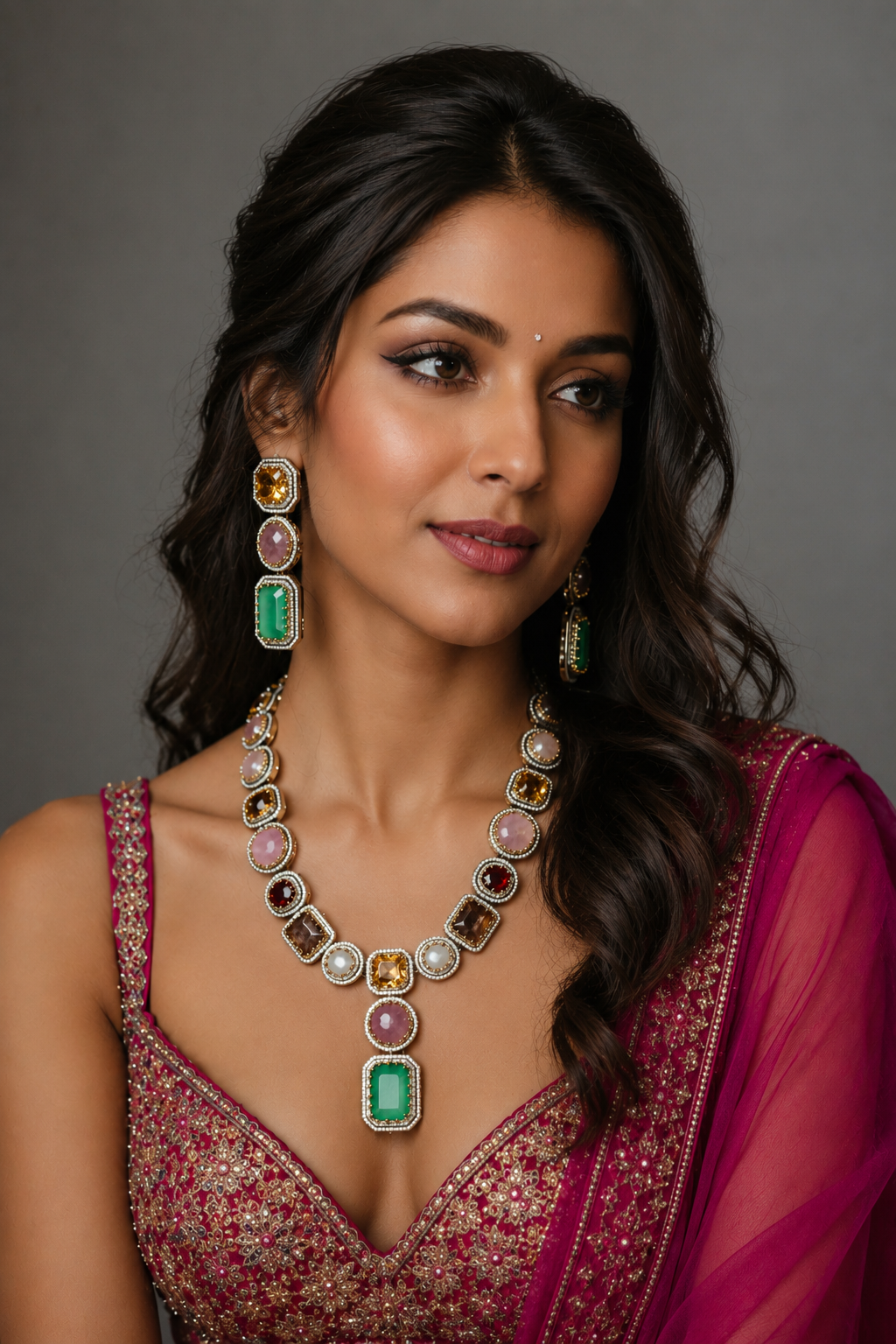 Multicolor Gemstone Statement Necklace Set with Designer Earrings