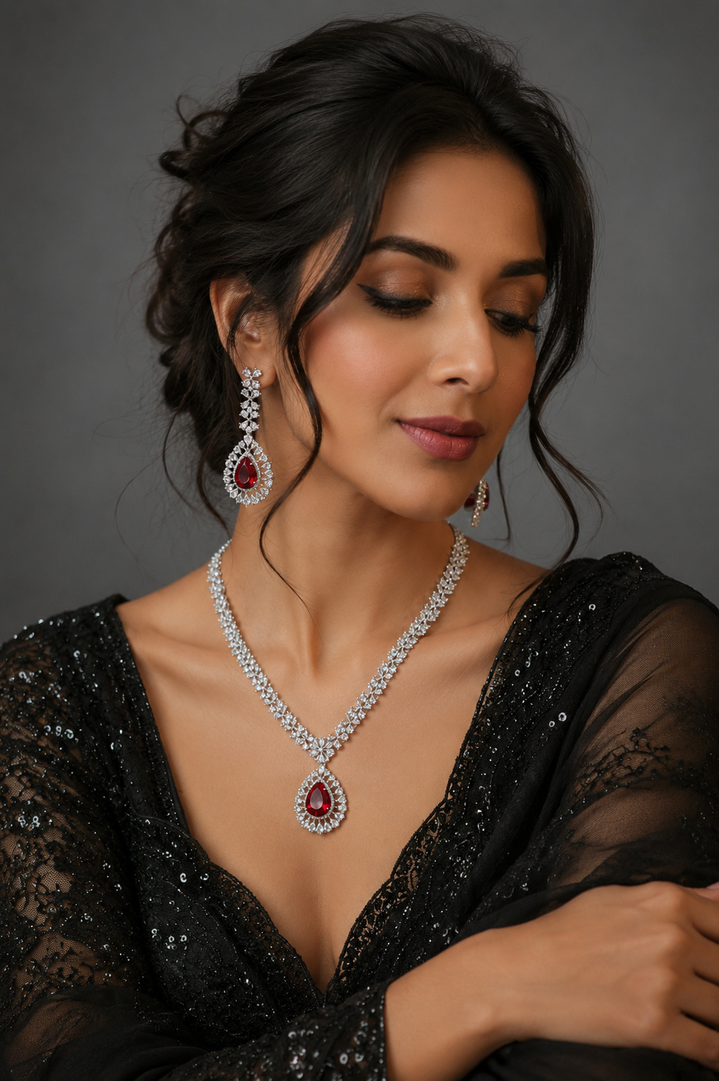 Ruby Red Teardrop Cubic Zirconia Look Necklace Set with Statement Earrings
