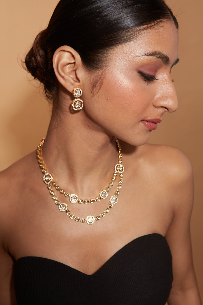 Gold Plated Kundan Studded Layered Necklace & Earrings Set