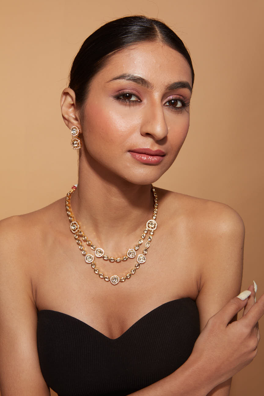 Gold Plated Kundan Studded Layered Necklace & Earrings Set