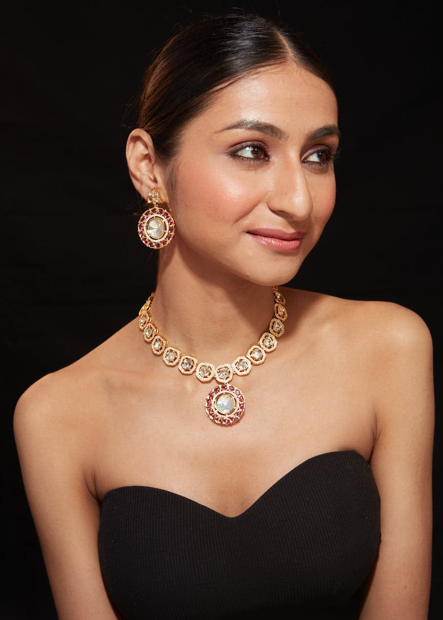 Gold Plated Kundan With Onyx Choker Necklace & Earrings Set