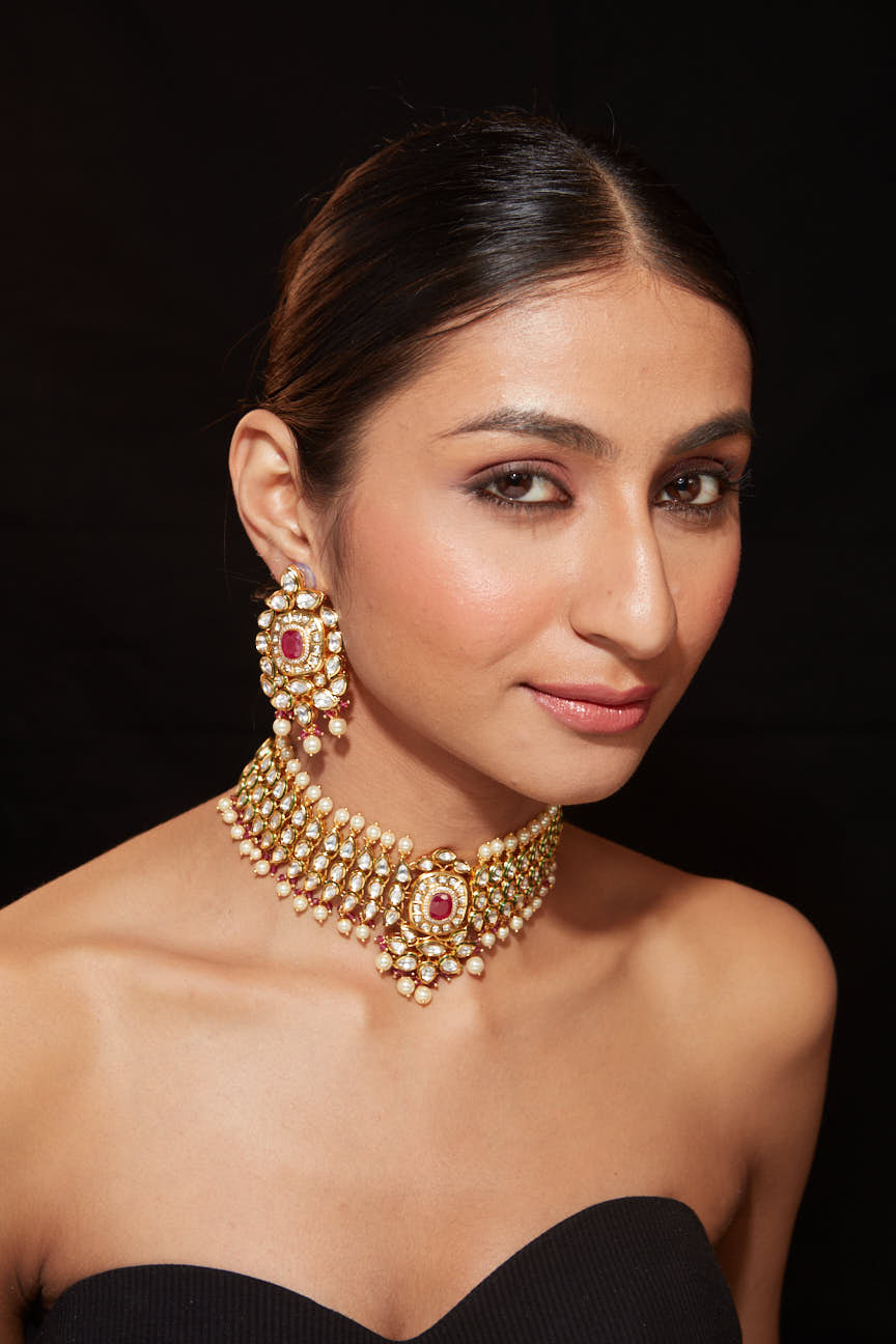 Gold Plated Kundan Studded With Pearl Choker Necklace & Dangle Earrings Set