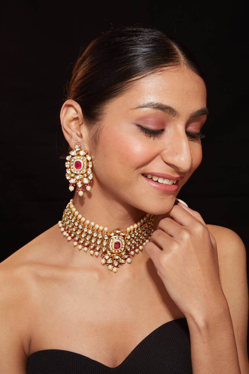 Gold Plated Kundan Studded With Pearl Choker Necklace & Dangle Earrings Set