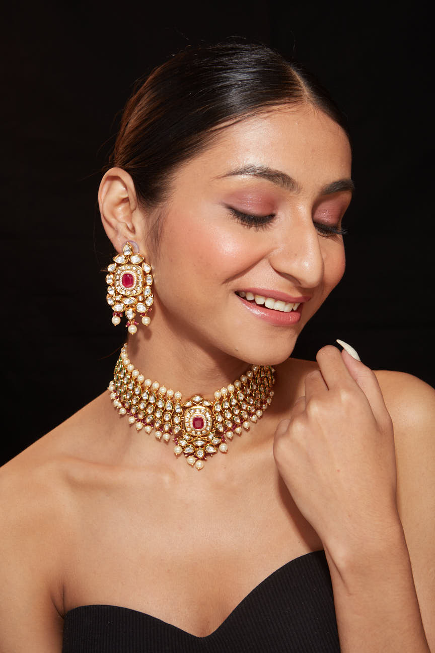 Gold Plated Kundan Studded With Pearl Choker Necklace & Dangle Earrings Set