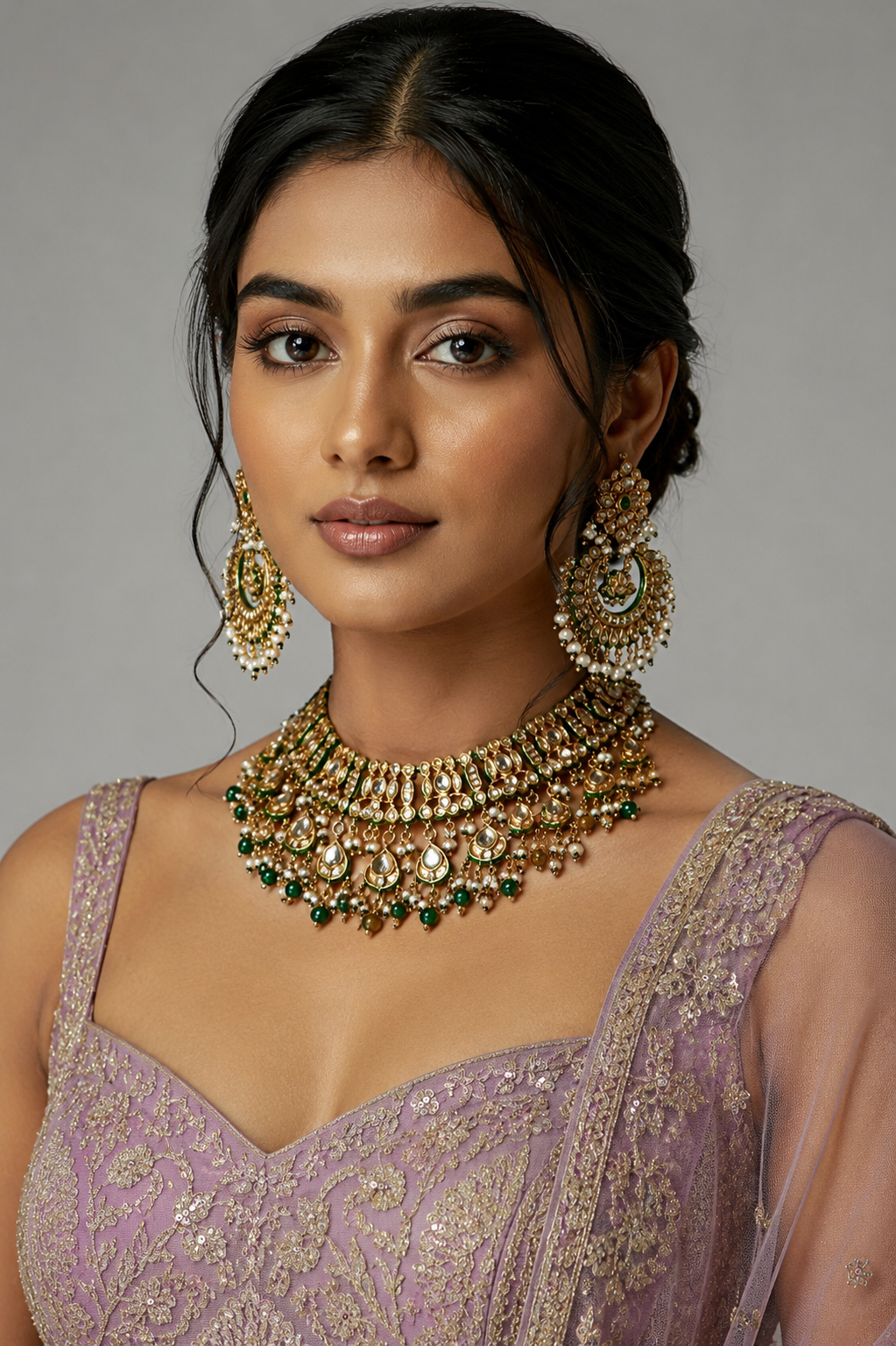Emerald Green Jaipuri Kundan Pearl Bridal Choker Set with Statement Earrings