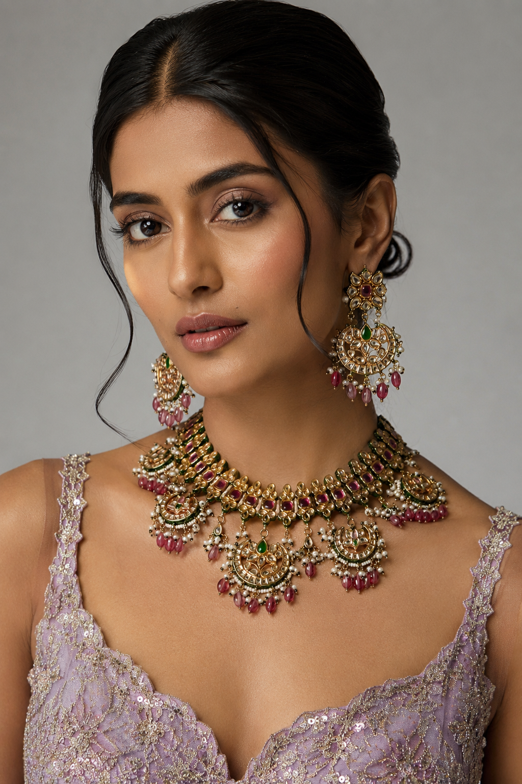 Royal Jaipuri Kundan Ruby Green Choker Necklace Set with Statement Earrings