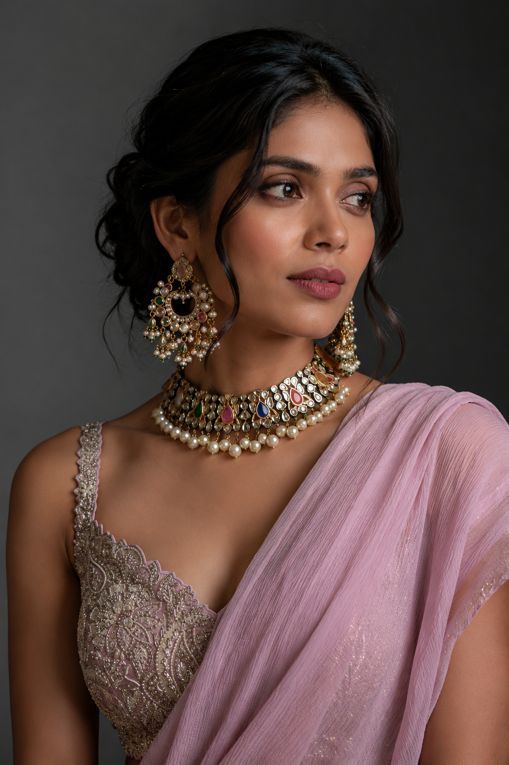 Navratna Pastel Jaipuri Kundan Multicolor Choker Set with Statement Earrings