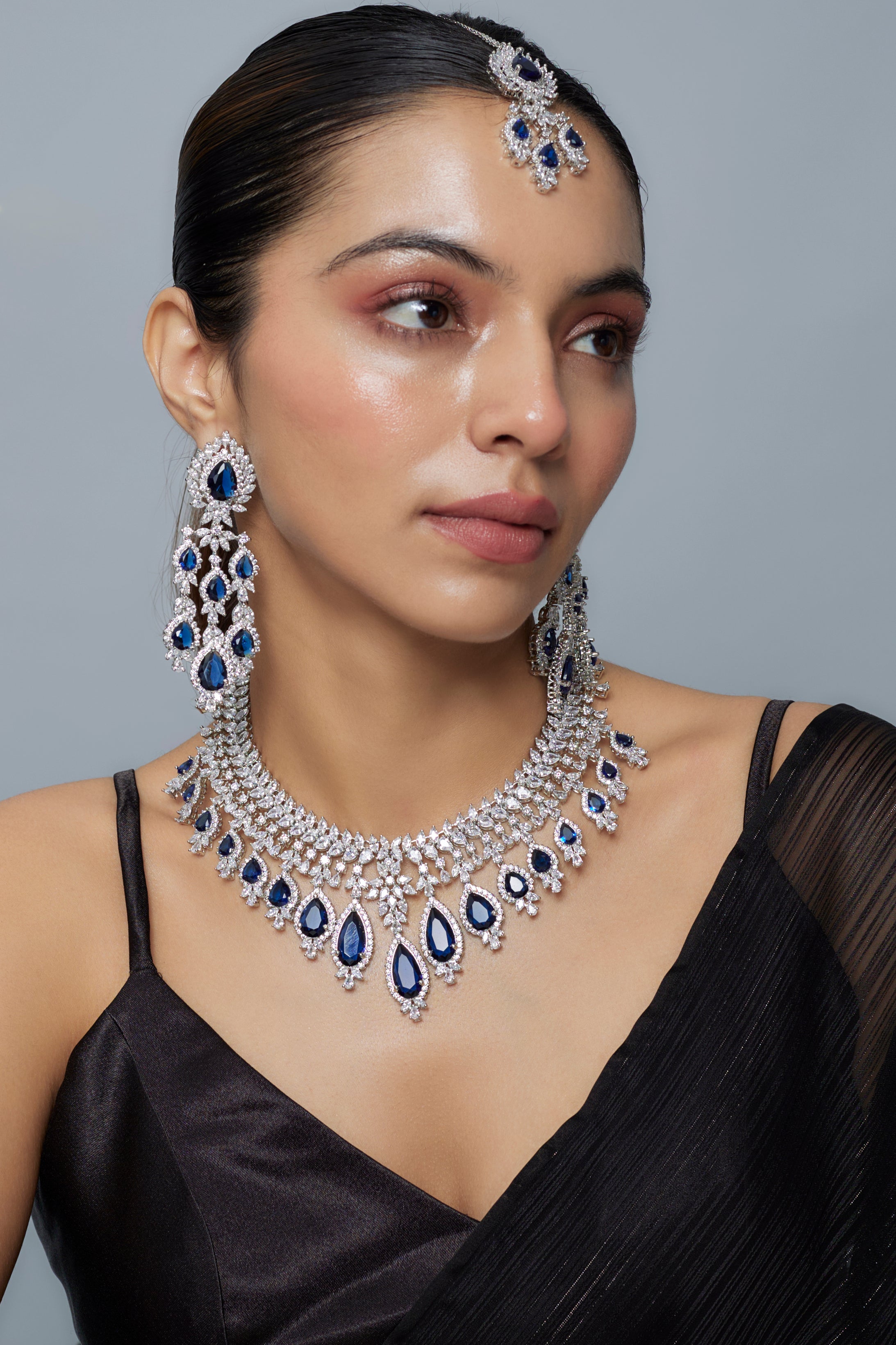 vivinia BY VIDHI MEHRA Zia Silver Plated Blue Womens Zircon Short Necklace Set with Pair of Dangler Earrings & Maangtikka (Freesize)