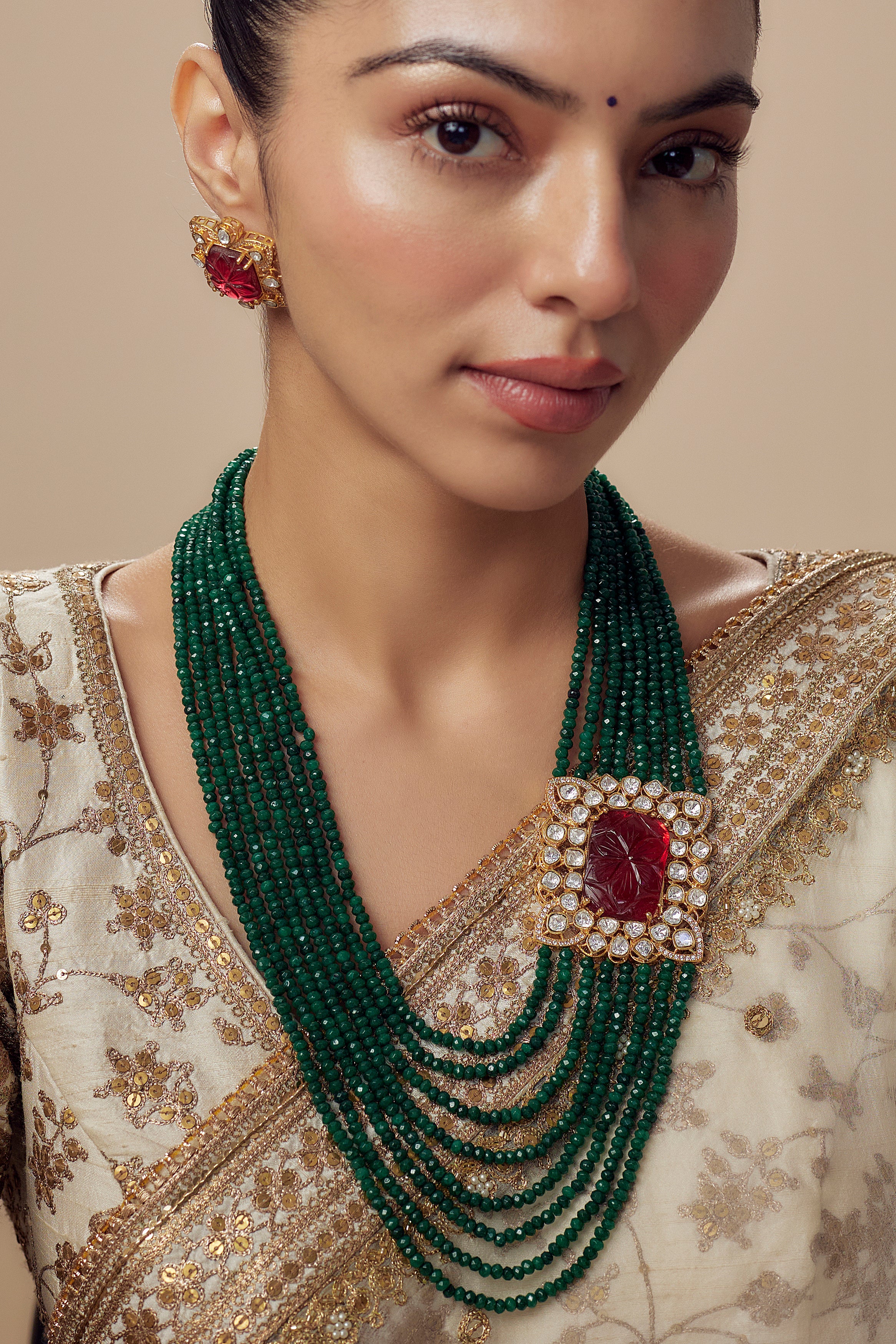 vivinia BY VIDHI MEHRA Antara Gold Plated Green Womens Kundan, Polki Mala Necklace Set with Pair of Earrings (Freesize)