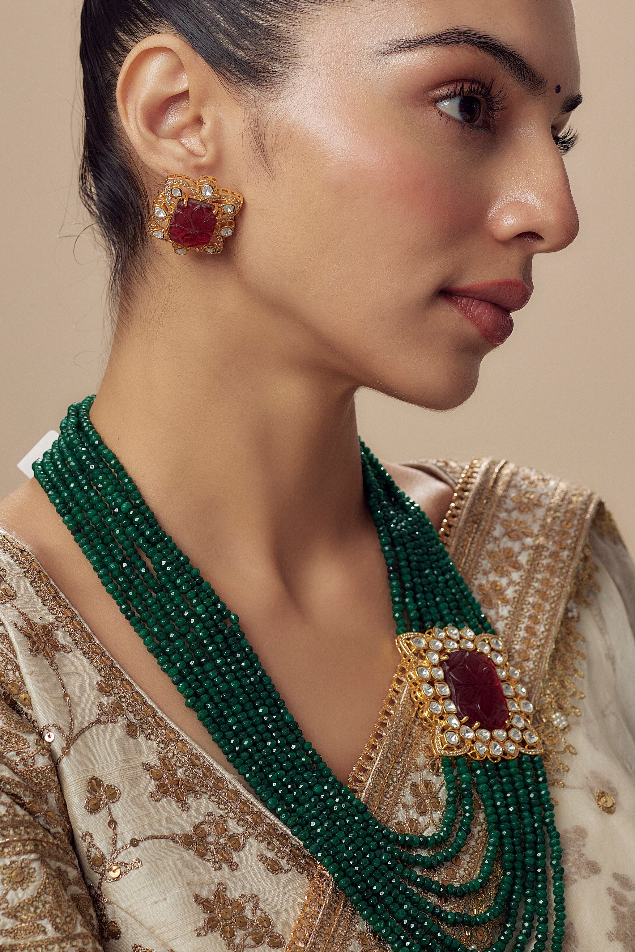 vivinia BY VIDHI MEHRA Antara Gold Plated Green Womens Kundan, Polki Mala Necklace Set with Pair of Earrings (Freesize)