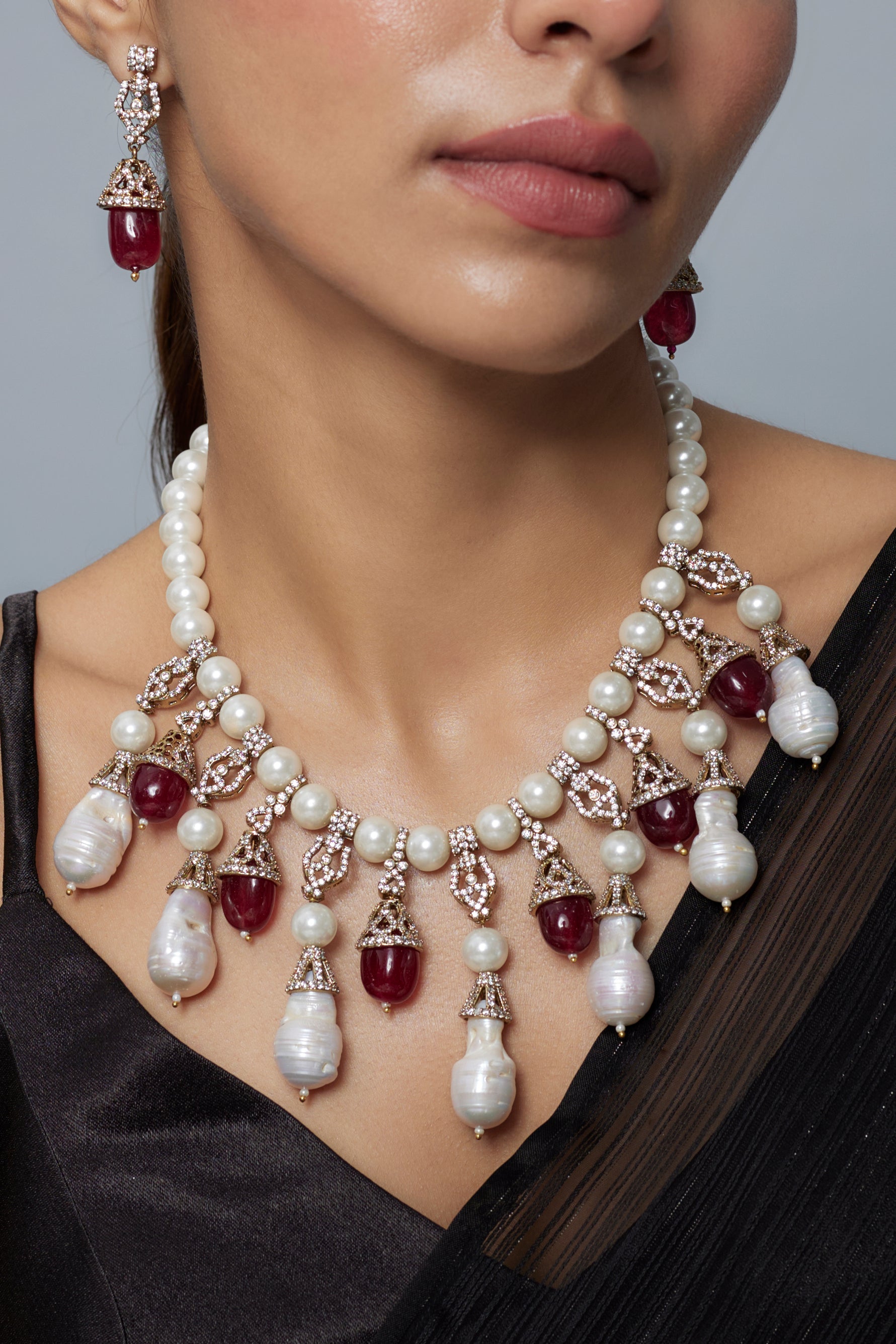 Florence Silver Plated Red Womens Pearl Short Necklace Set with Pair of Earrings (Freesize)