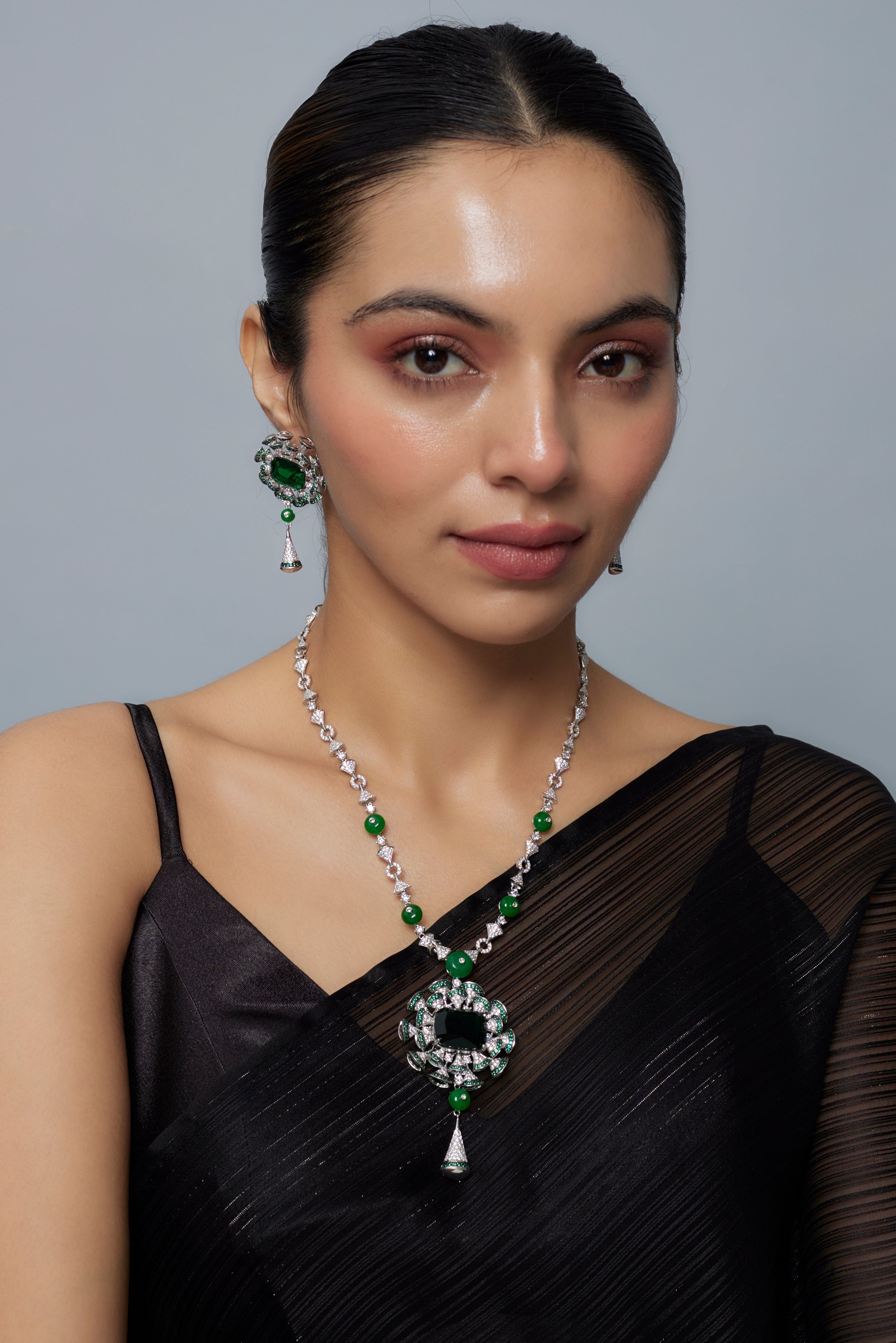vivinia BY VIDHI MEHRA Zia Silver Plated Green Womens Zircon Long Necklace Set with Pair of Earrings (Freesize)