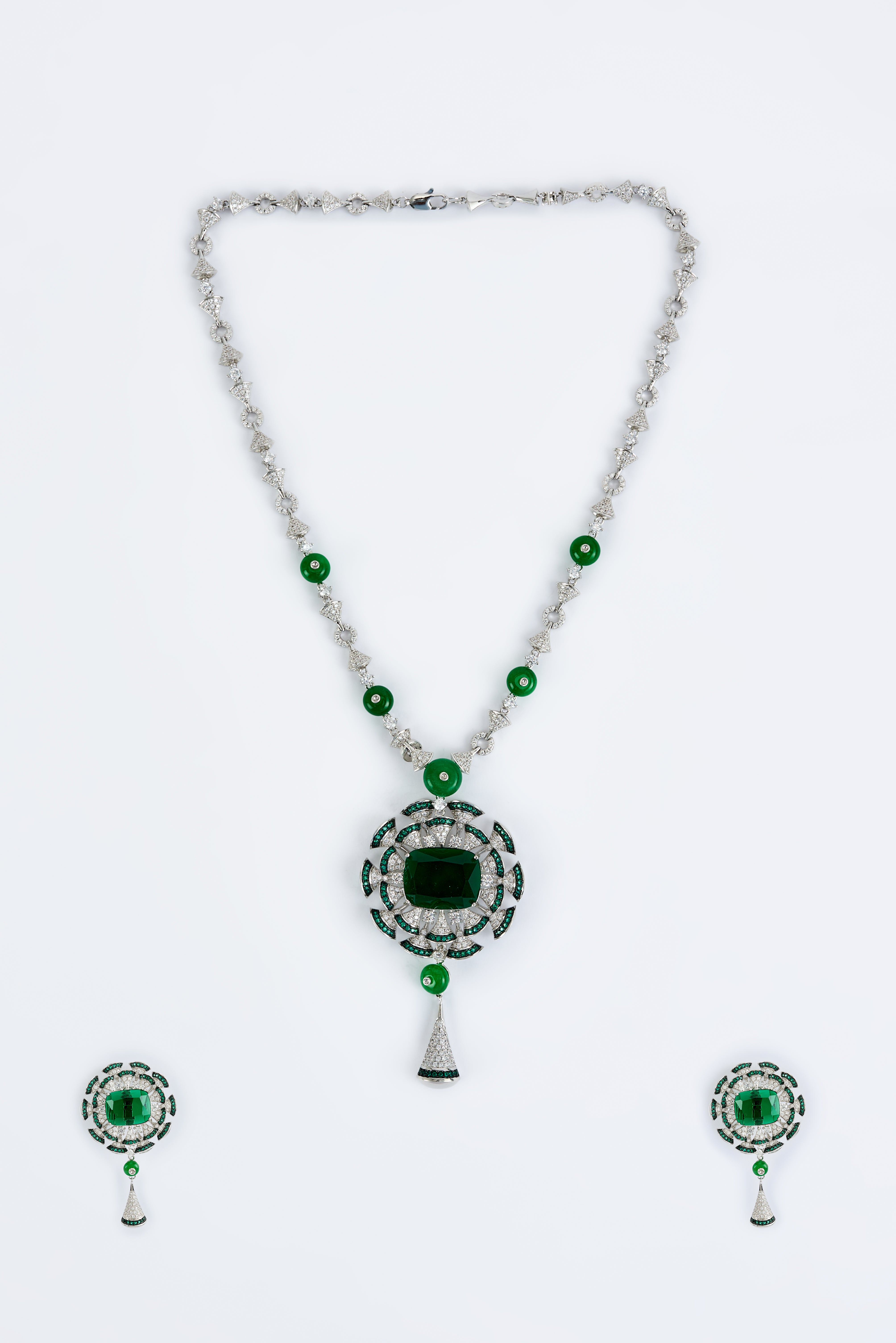 vivinia BY VIDHI MEHRA Zia Silver Plated Green Womens Zircon Long Necklace Set with Pair of Earrings (Freesize)