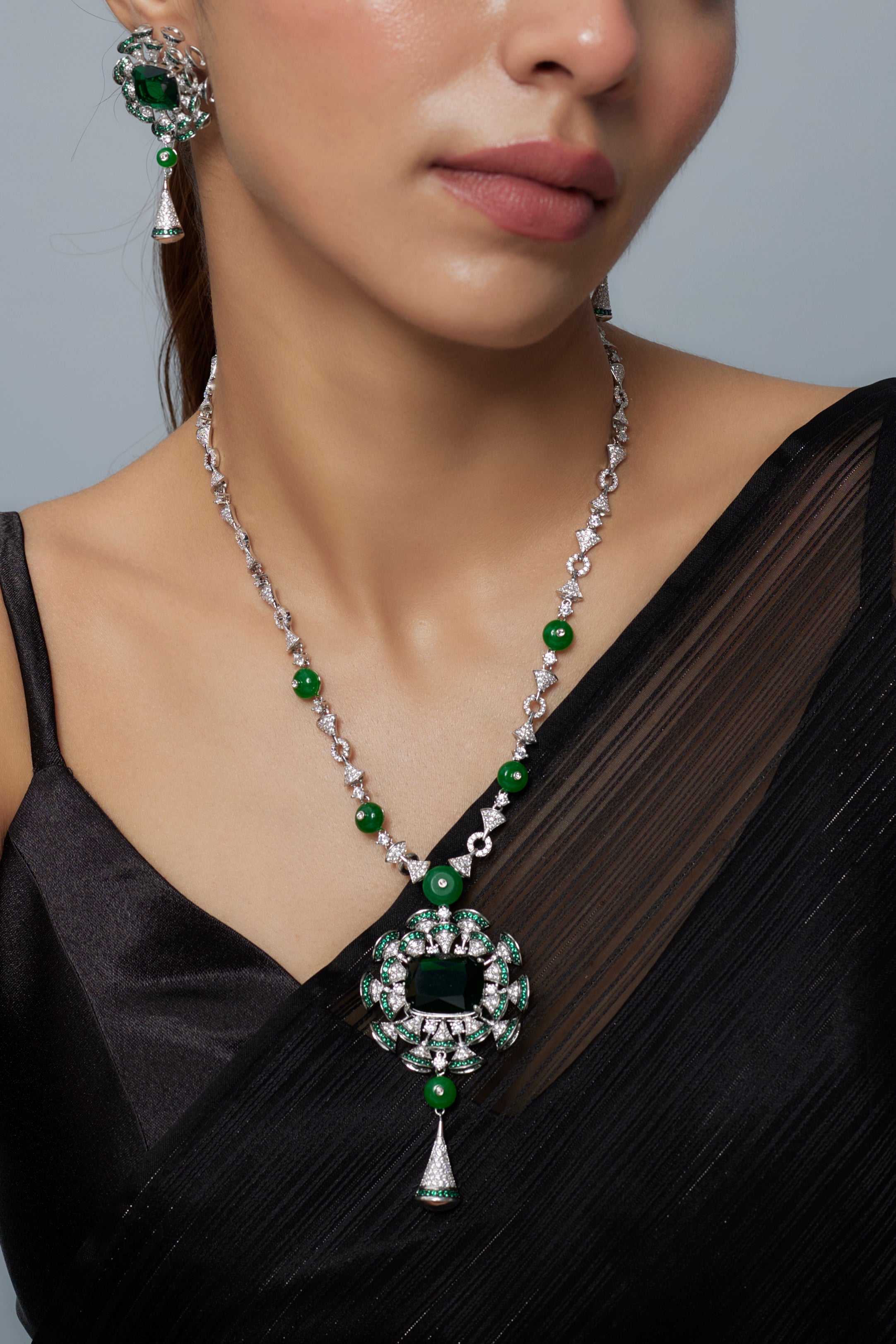 vivinia BY VIDHI MEHRA Zia Silver Plated Green Womens Zircon Long Necklace Set with Pair of Earrings (Freesize)