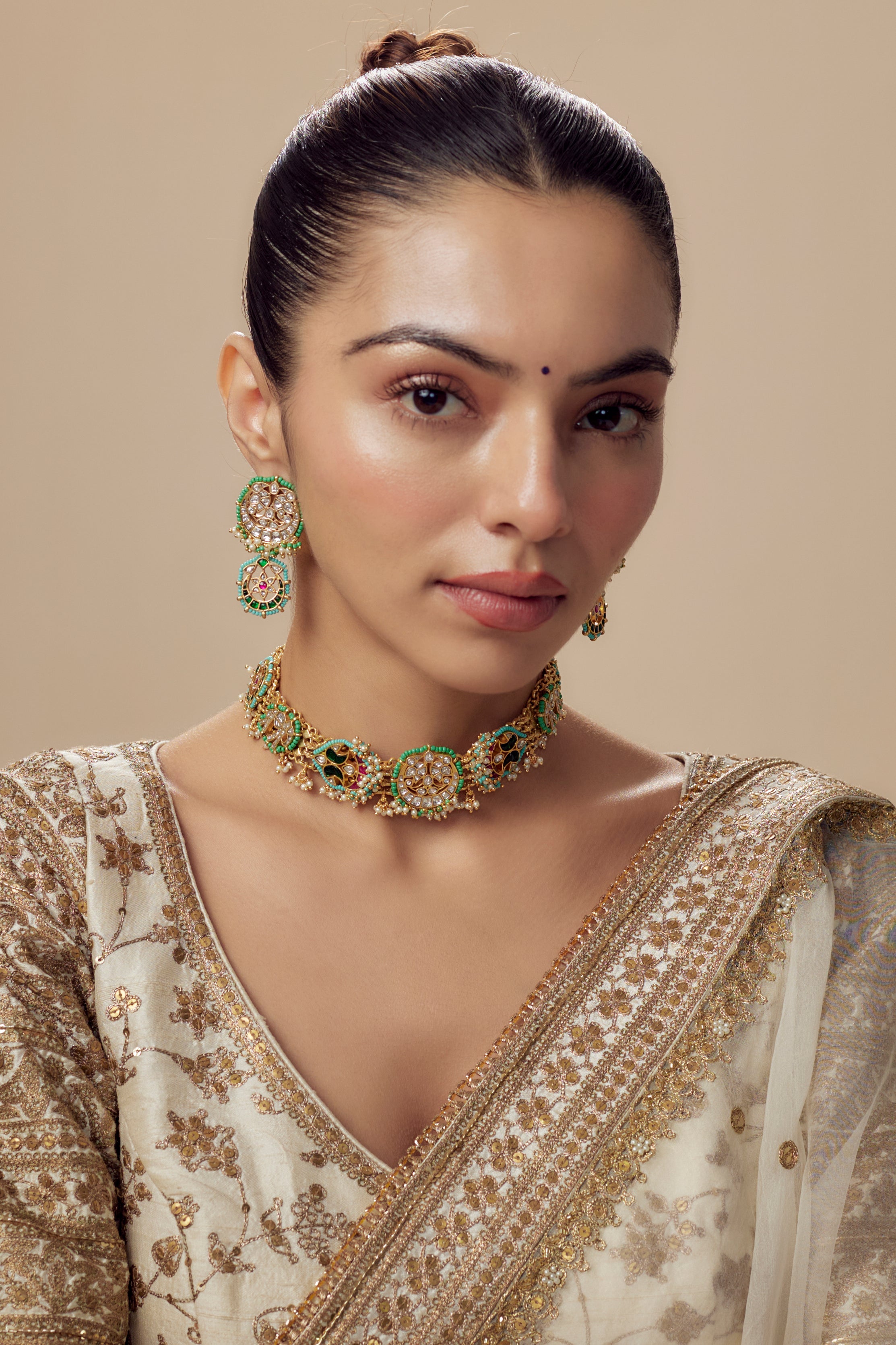 Morpankh Gold Plated Multi Womens Kundan, Polki Choker Necklace Set with Pair of Earrings (Freesize)
