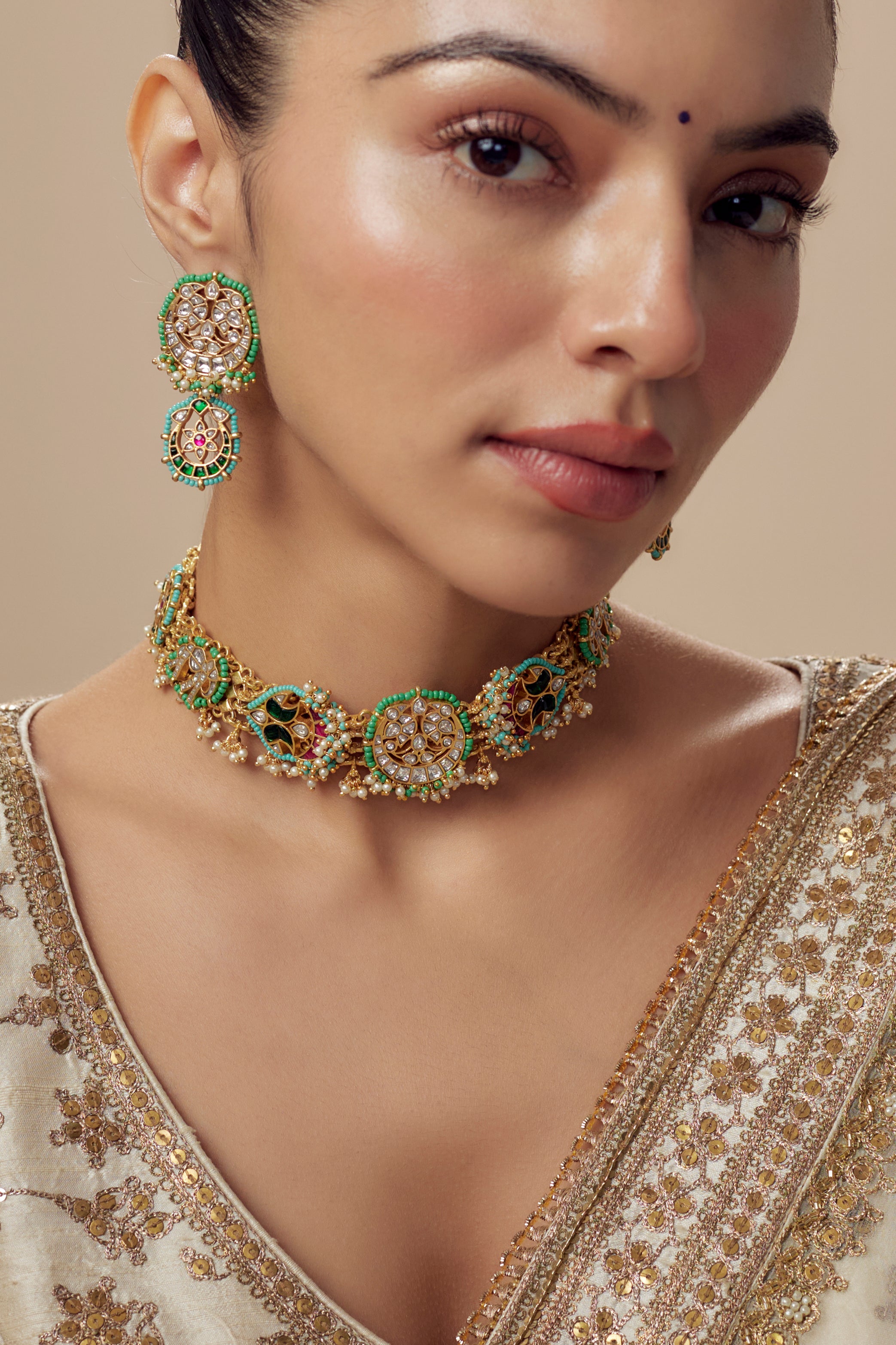 Morpankh Gold Plated Multi Womens Kundan, Polki Choker Necklace Set with Pair of Earrings (Freesize)