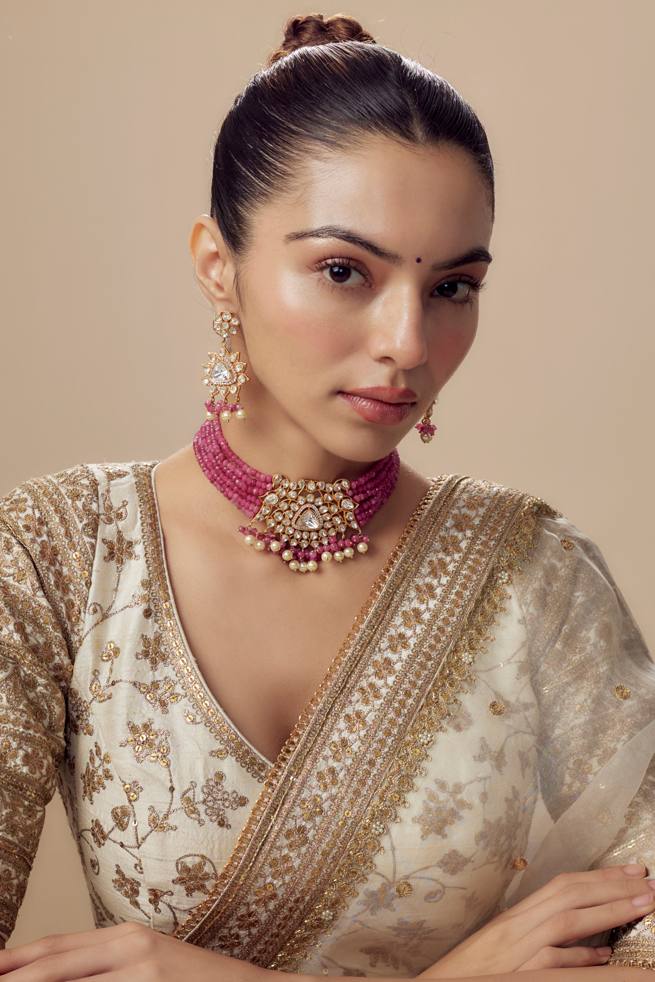 Antara Gold Plated Pink Womens Kundan, Polki Choker Necklace Set with Pair of Earrings (Freesize)