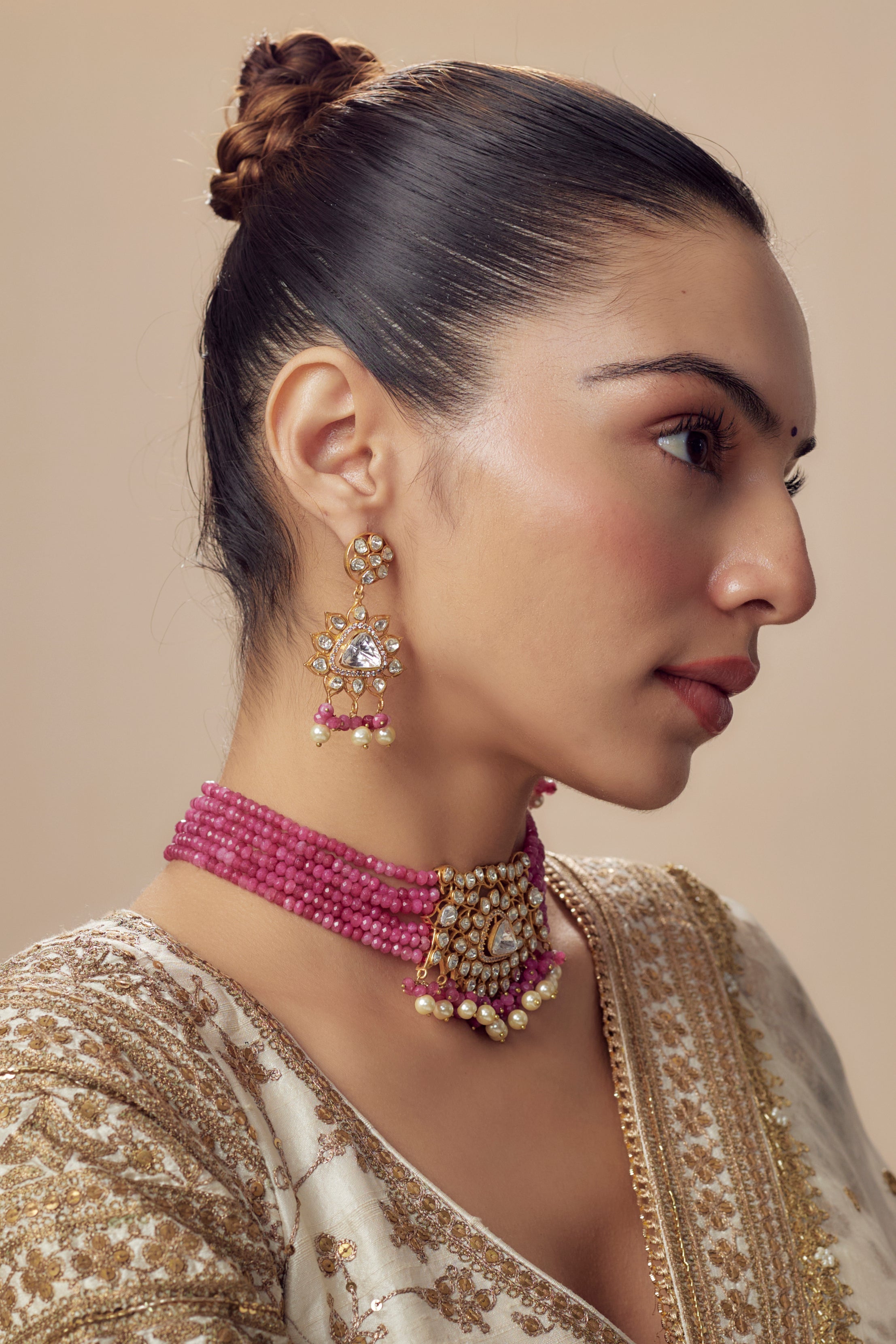 Antara Gold Plated Pink Womens Kundan, Polki Choker Necklace Set with Pair of Earrings (Freesize)