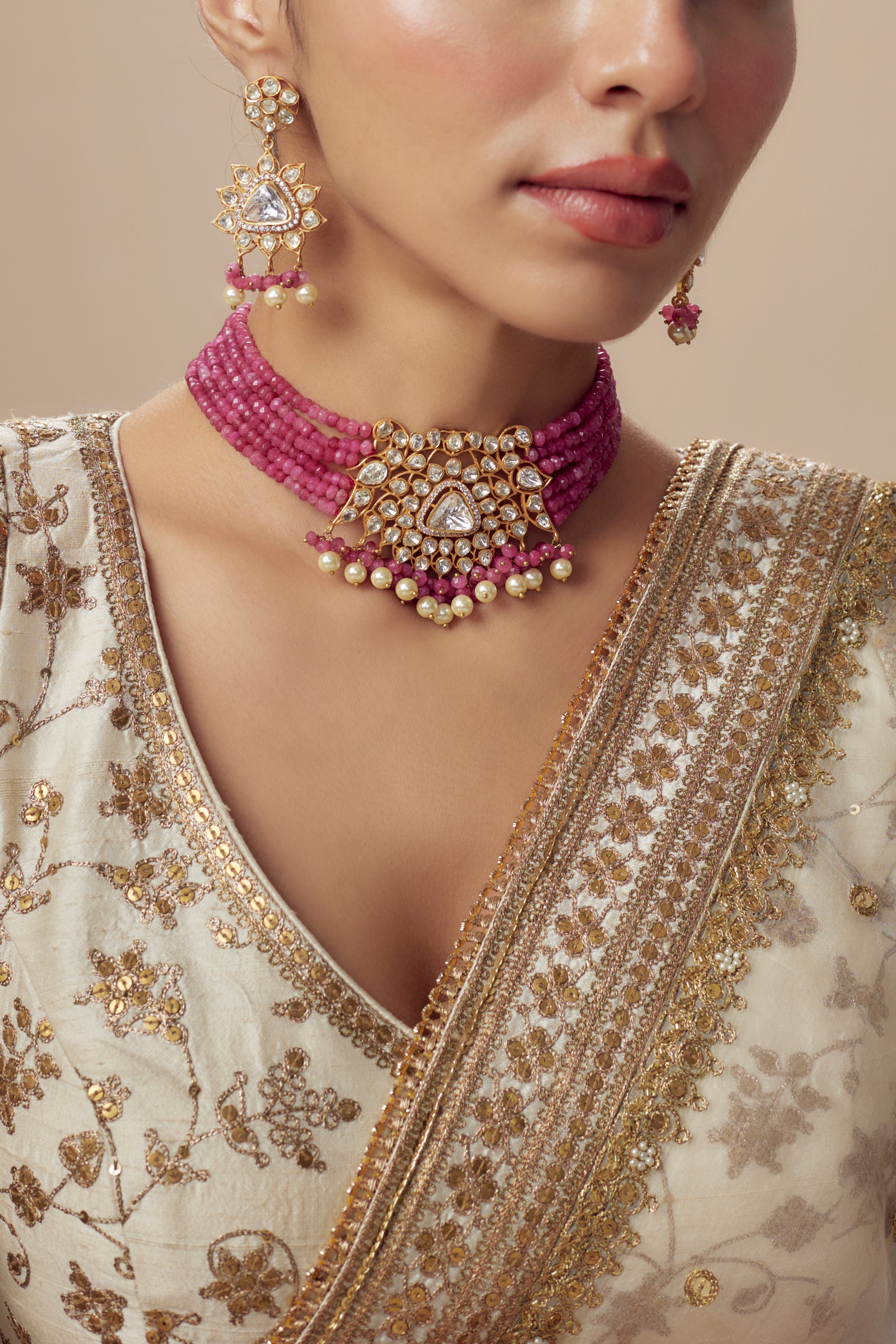 Antara Gold Plated Pink Womens Kundan, Polki Choker Necklace Set with Pair of Earrings (Freesize)