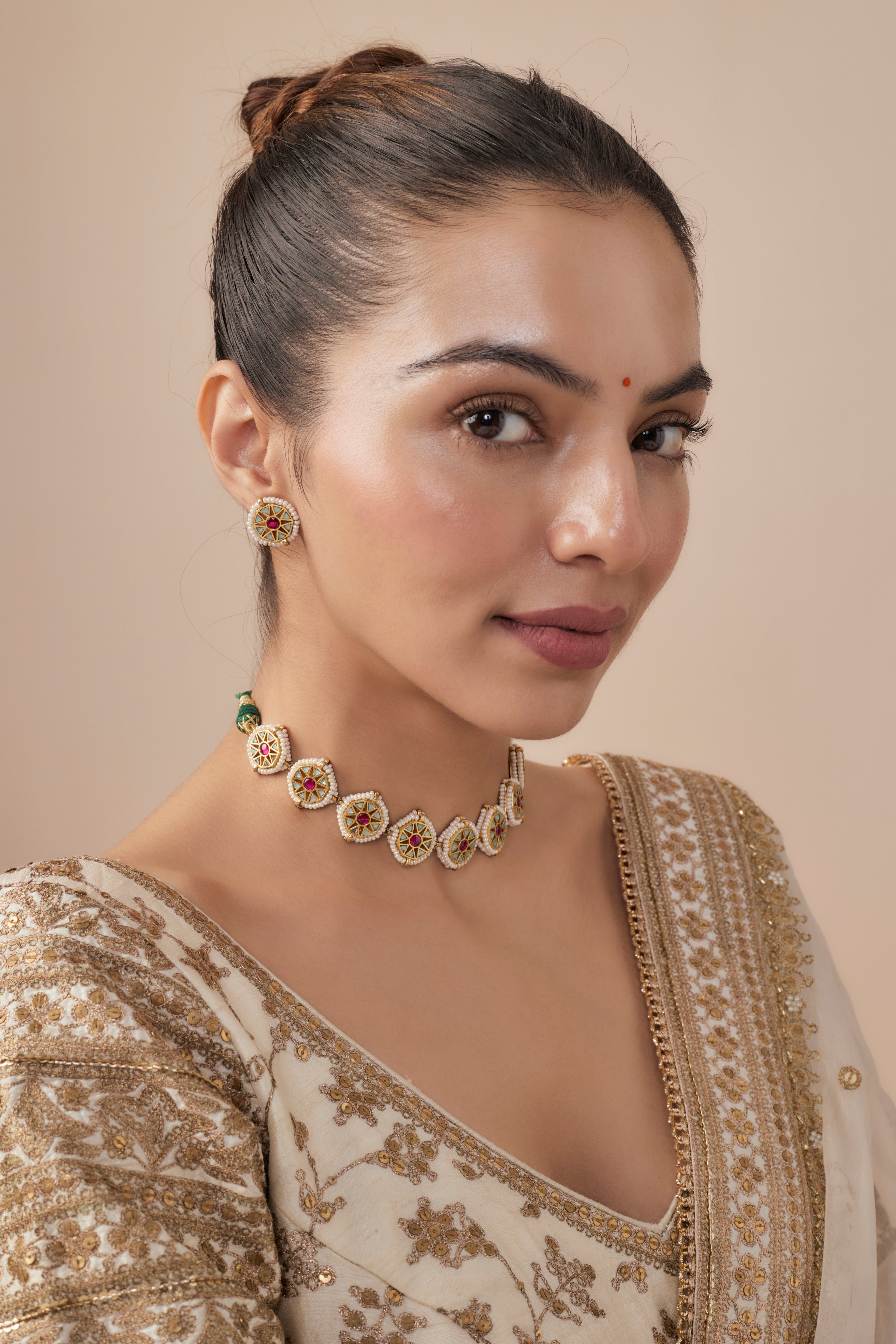 Saadgi Gold Plated Green & Pink Womens Kundan, Polki Choker Necklace Set with 2 Pair of Earrings (Freesize)