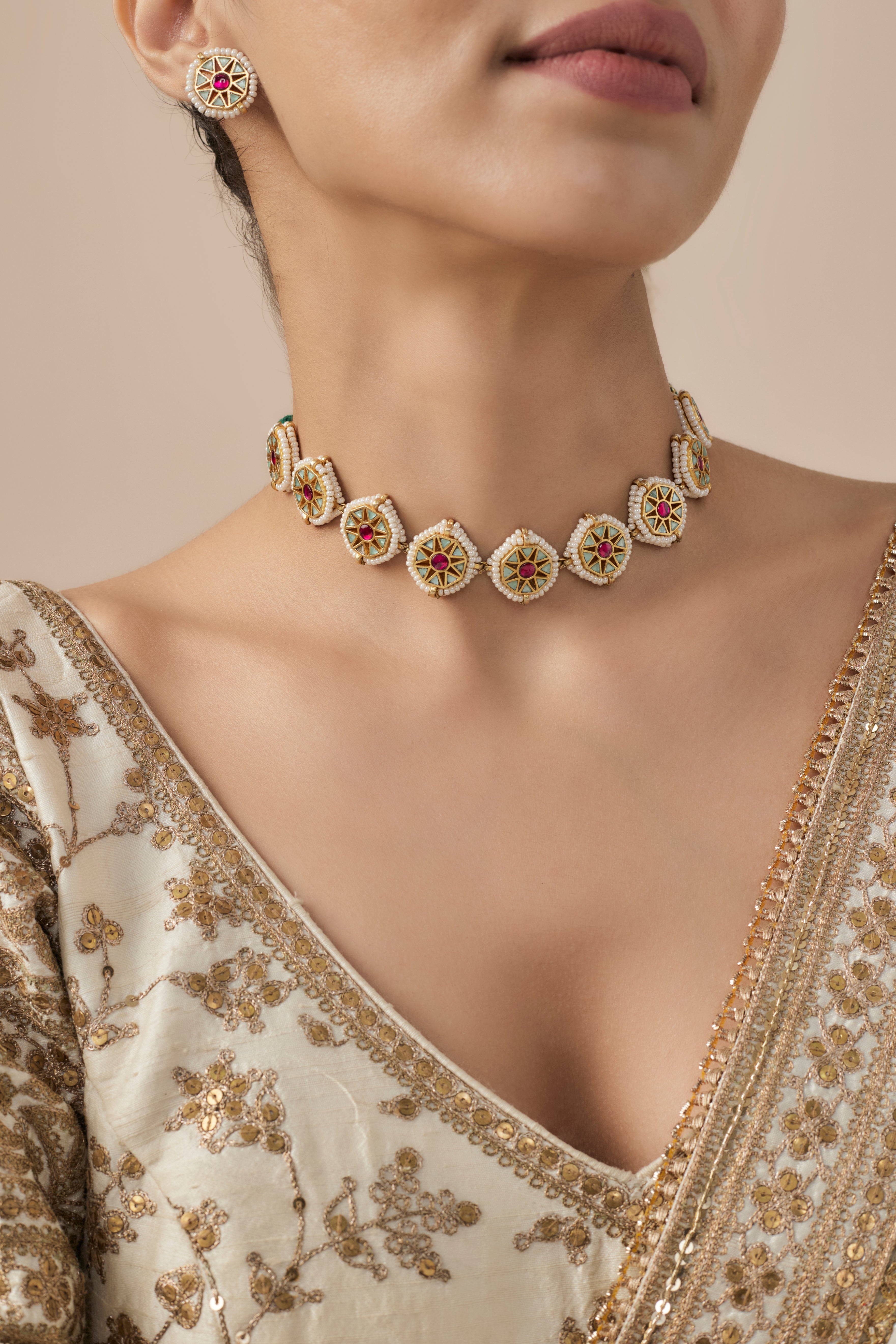 Saadgi Gold Plated Green & Pink Womens Kundan, Polki Choker Necklace Set with 2 Pair of Earrings (Freesize)