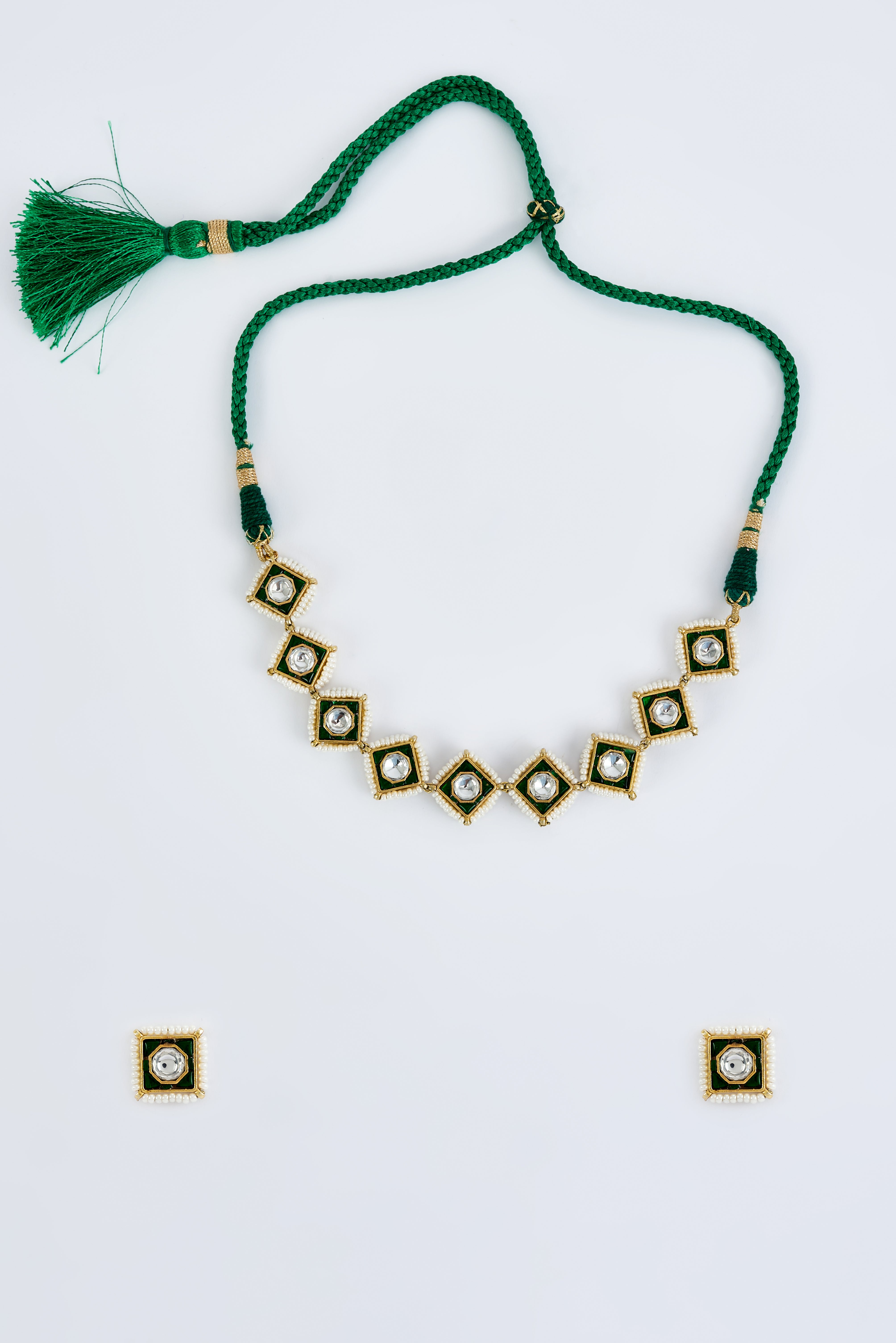 Saadgi Gold Plated Green & Pink Womens Kundan, Polki Choker Necklace Set with 2 Pair of Earrings (Freesize)