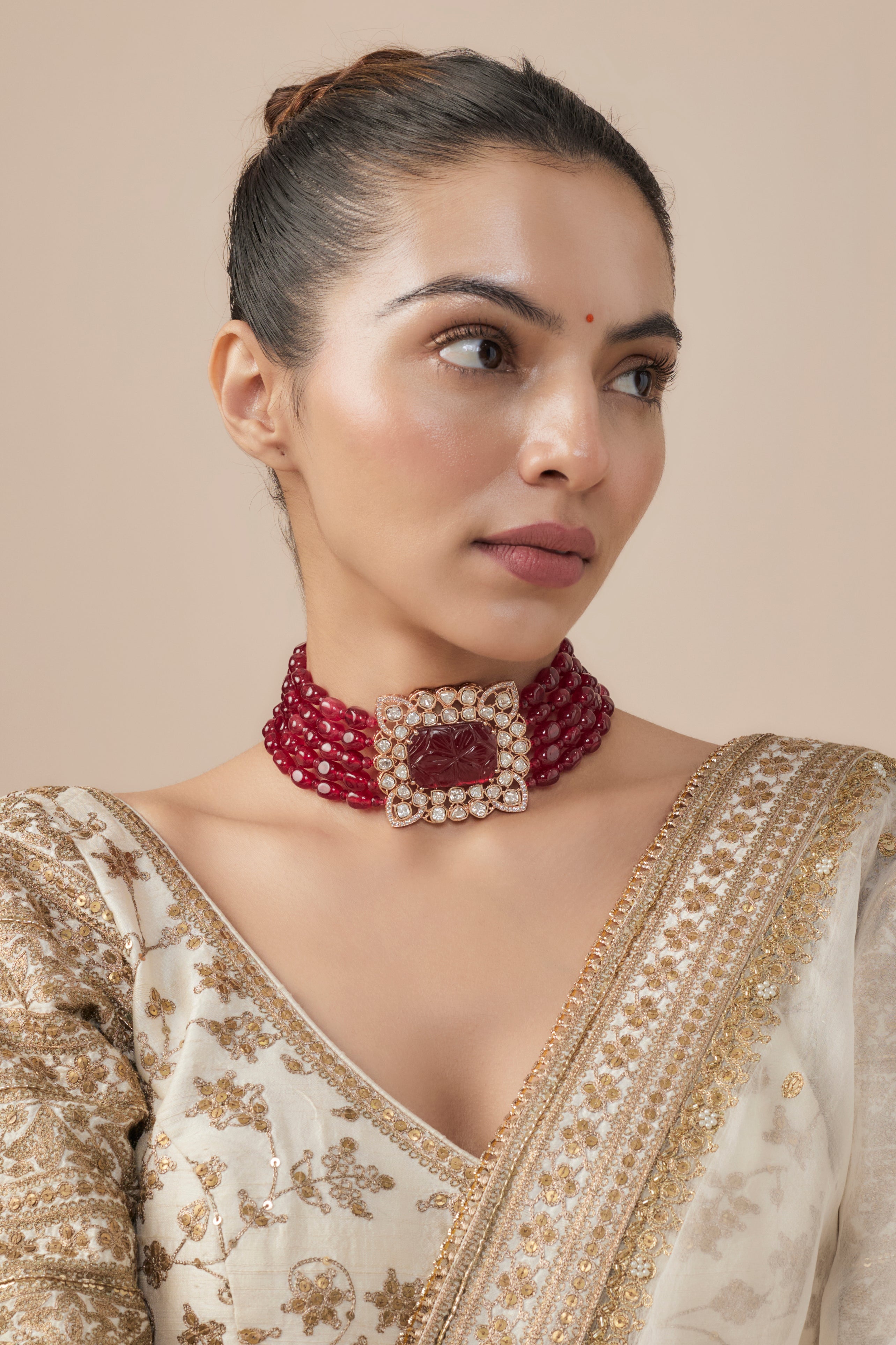 vivinia BY VIDHI MEHRA Antara Gold Plated Red Womens Beaded Choker Necklace Set (Freesize)