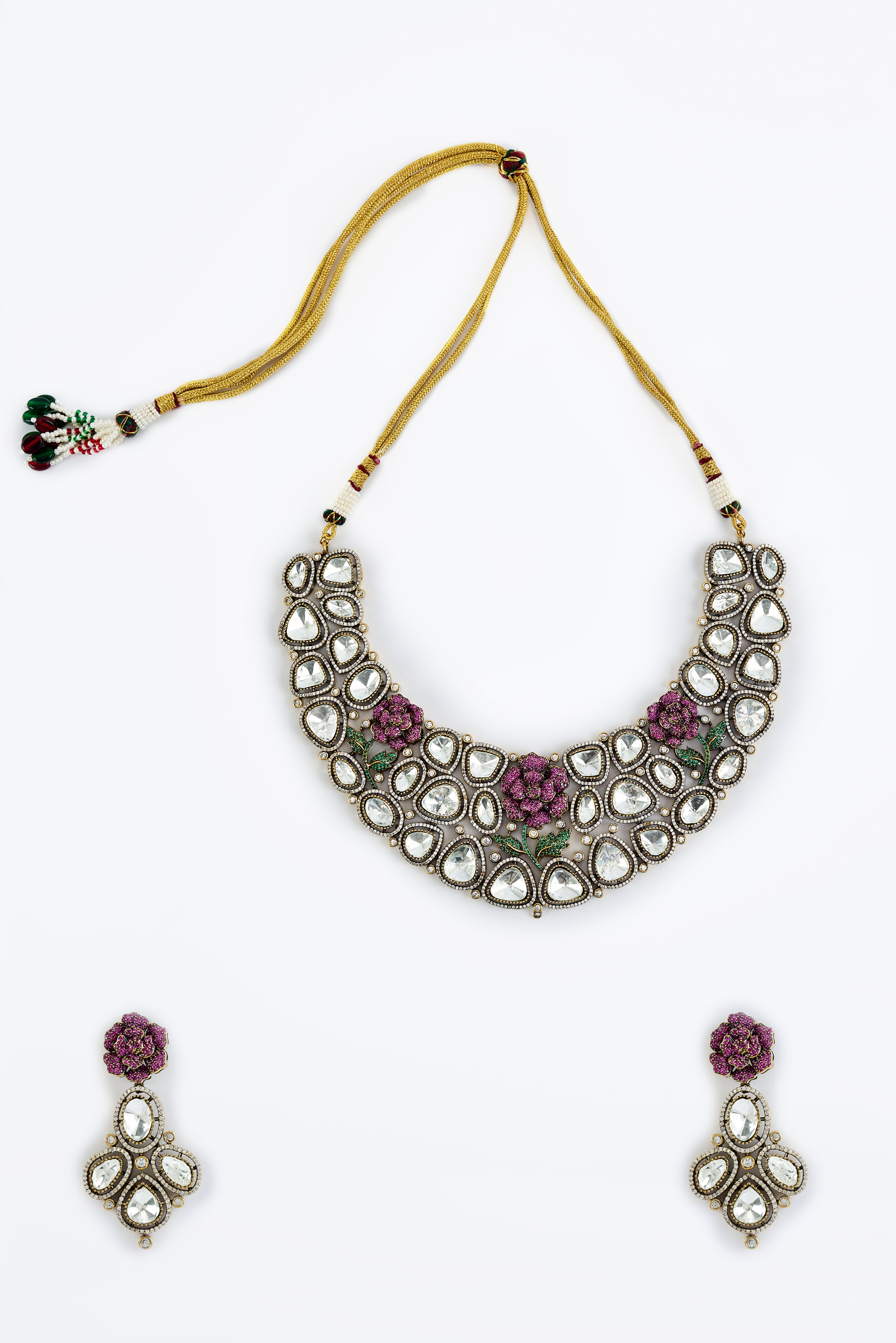 Florence Silver Plated Pink Womens Kundan, Polki Short Necklace Set with Pair of Earrings (Freesize)