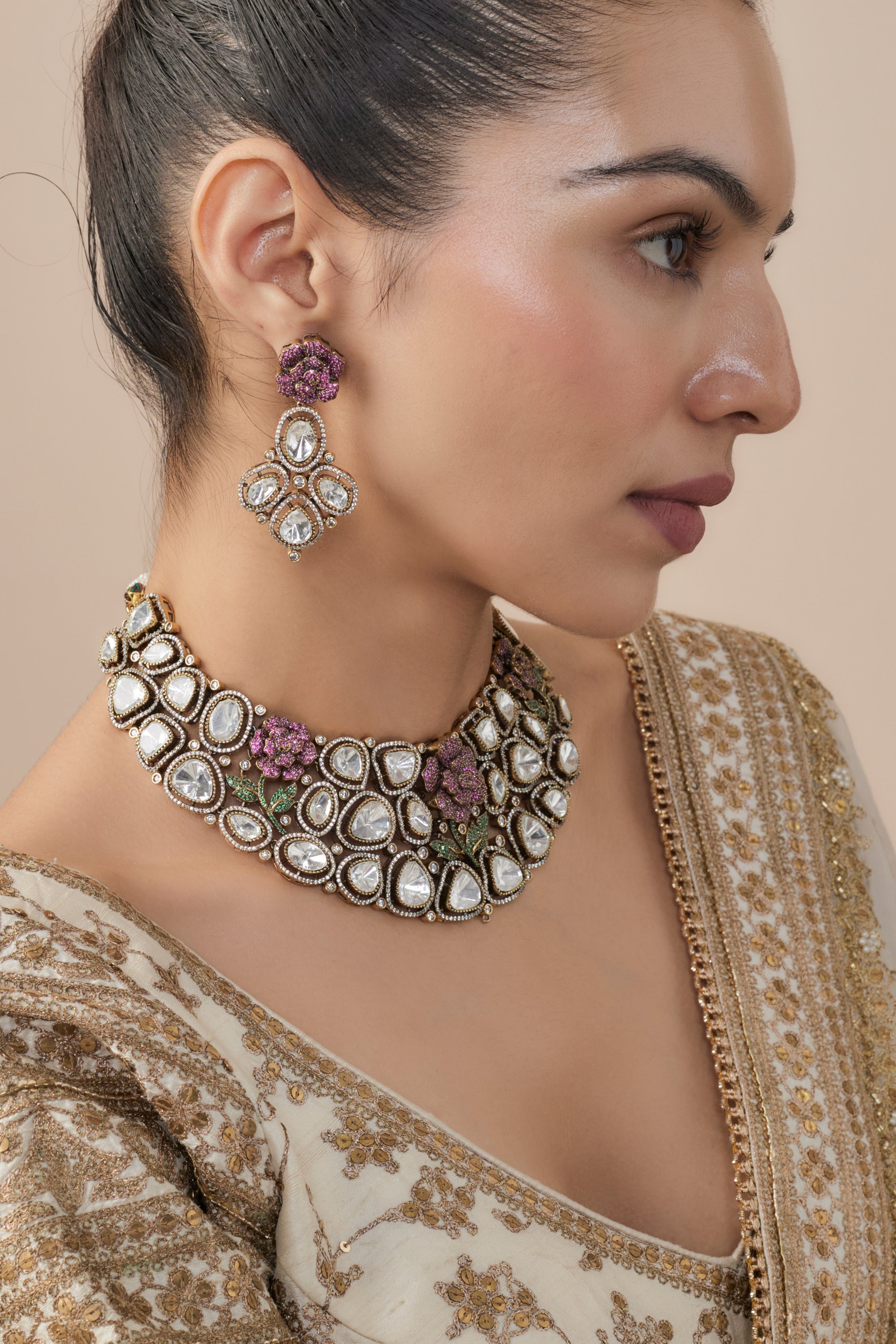 Florence Silver Plated Pink Womens Kundan, Polki Short Necklace Set with Pair of Earrings (Freesize)