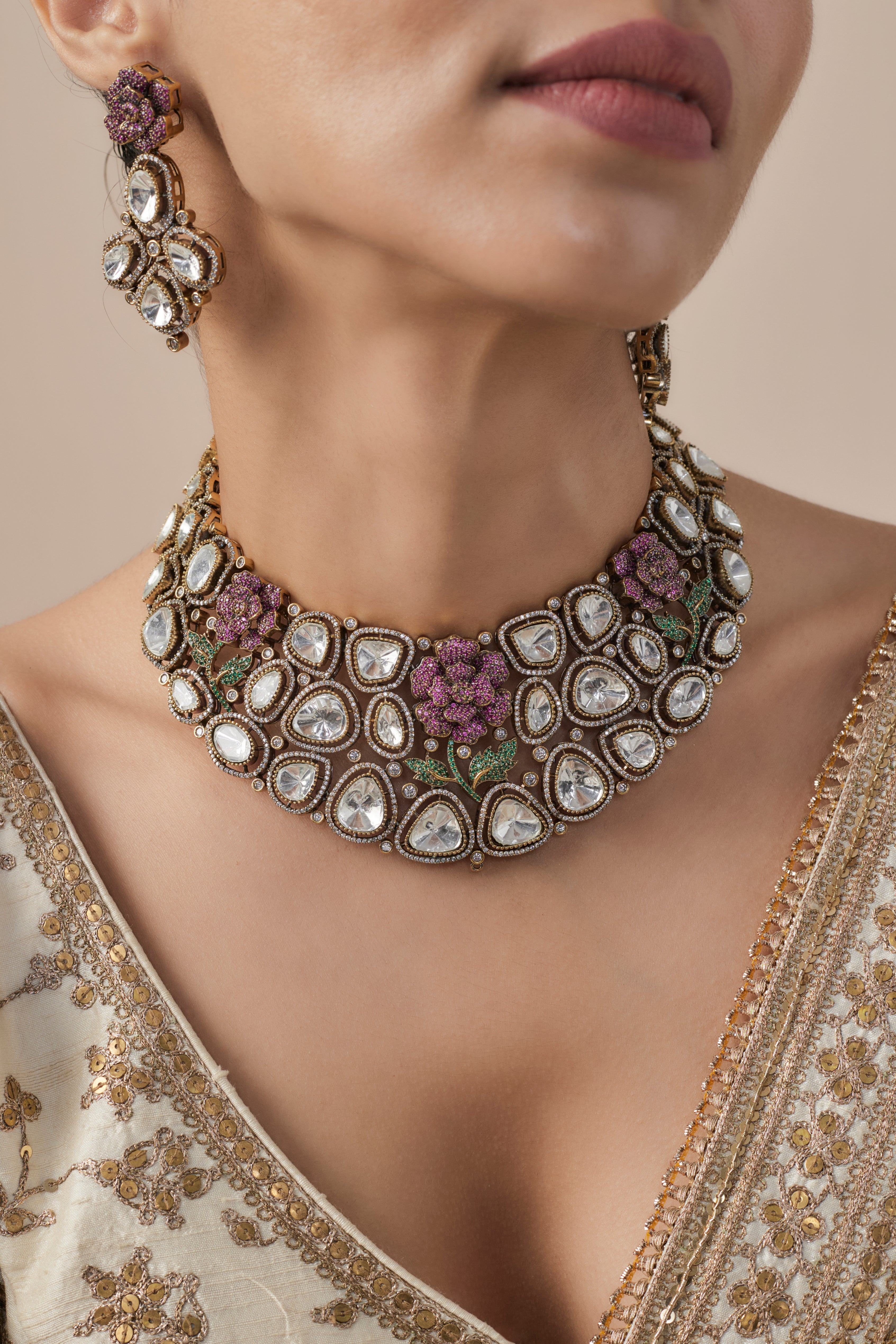 Florence Silver Plated Pink Womens Kundan, Polki Short Necklace Set with Pair of Earrings (Freesize)