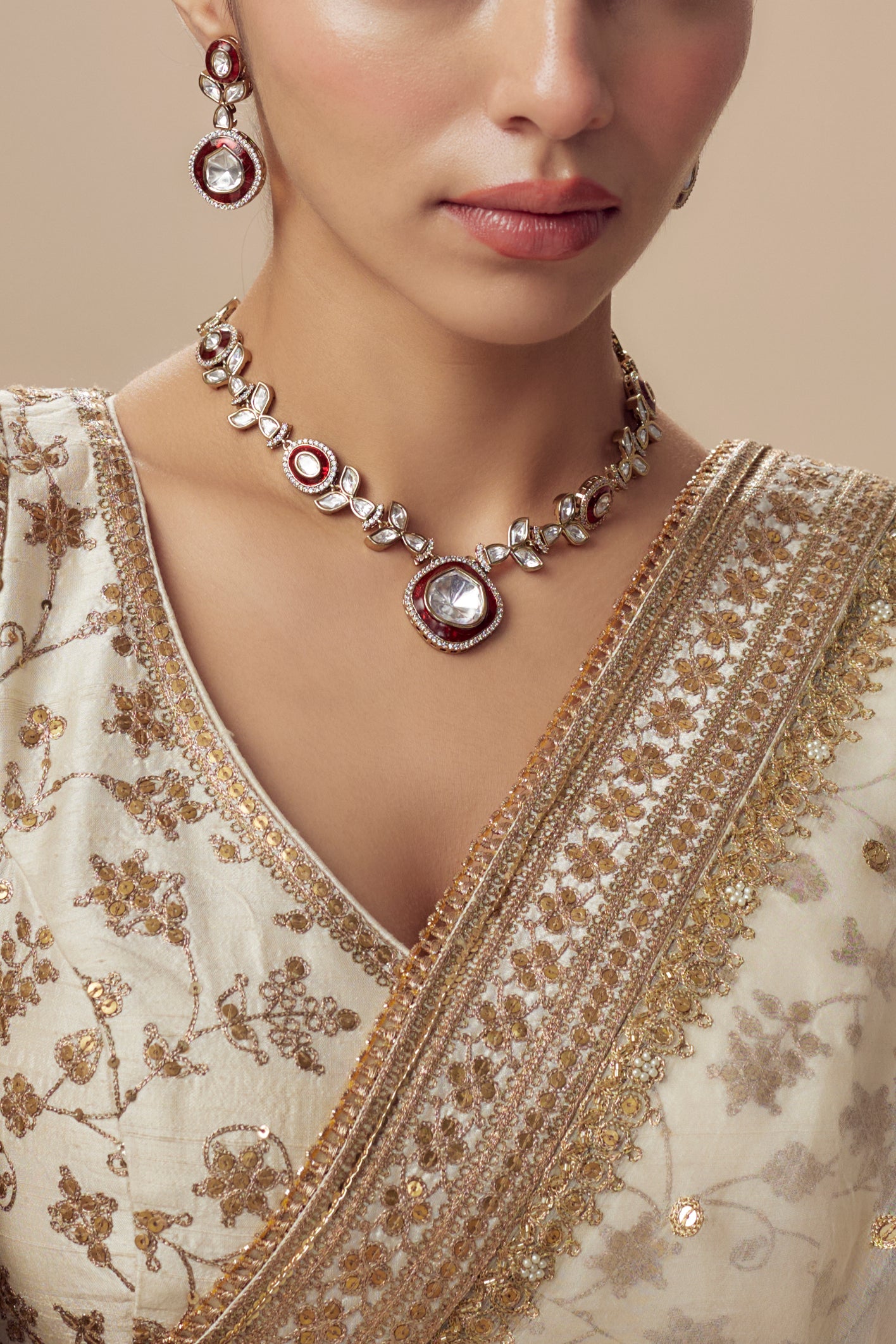 vivinia BY VIDHI MEHRA Burgandi Gold Plated Red Womens Kundan, Polki Short Necklace Set with Pair of Earrings (Freesize)