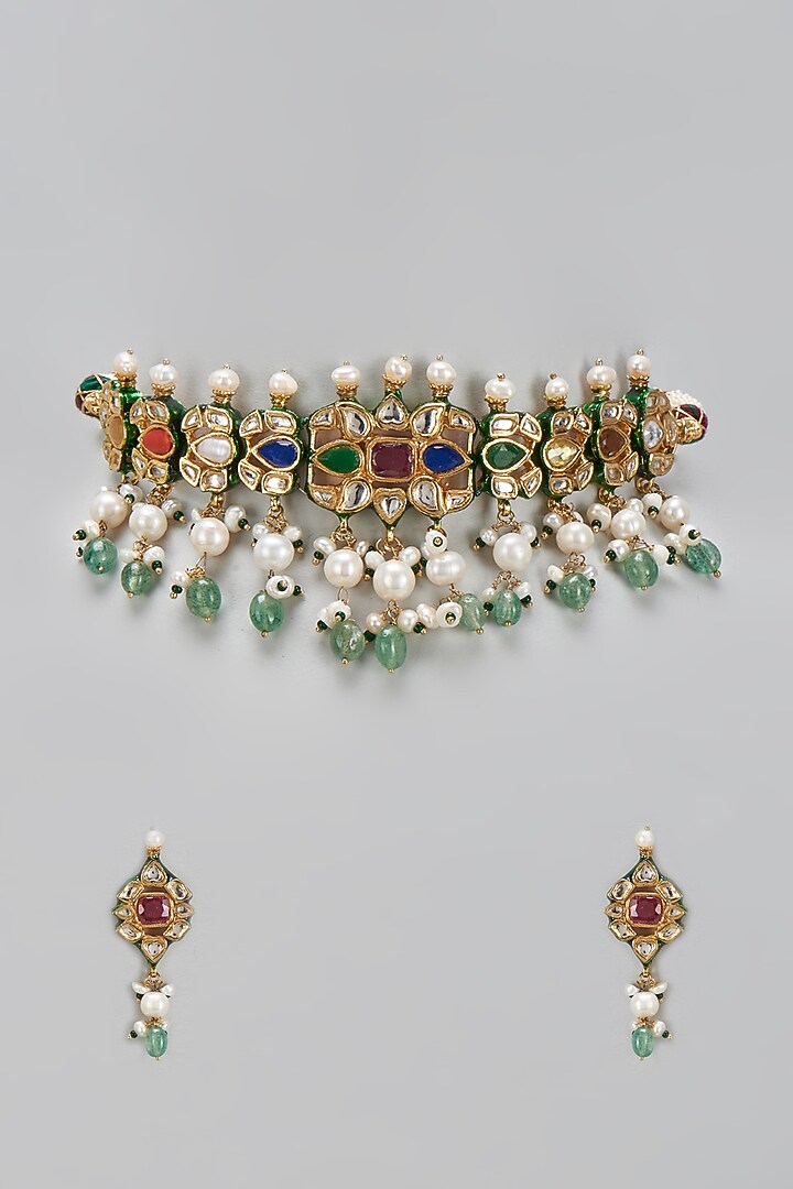 Navratna Jaipuri Kundan Choker Necklace Set with Pearls & Green Beads