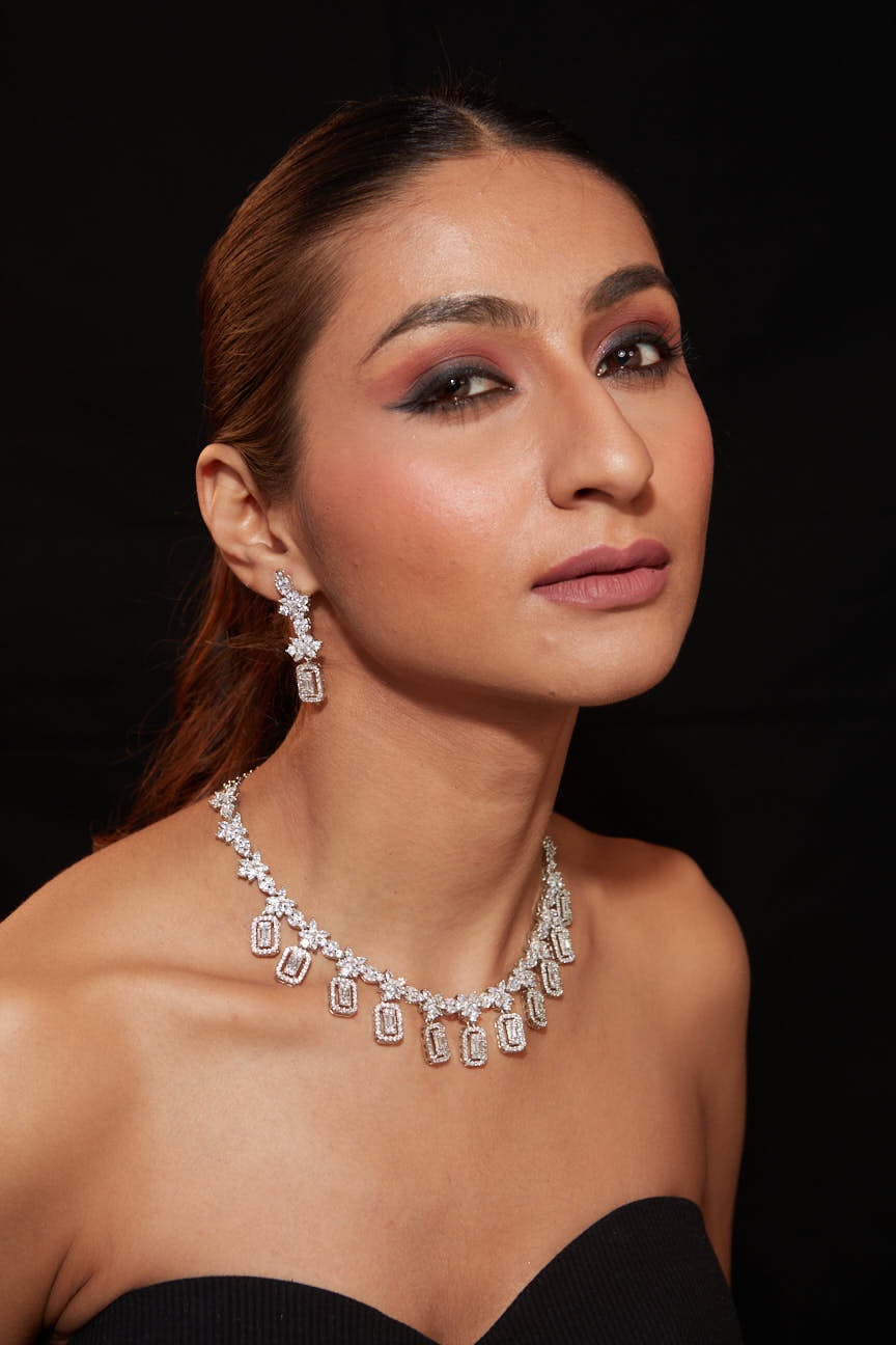 Rhodium Plated Zircon Studded Dangle Choker Necklace & Dangle Earrings Set