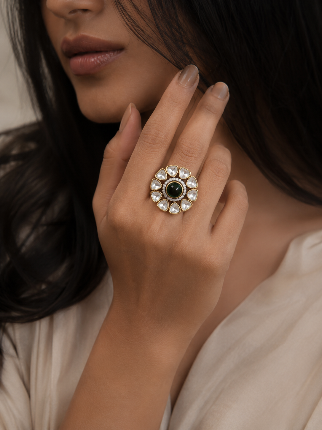Emerald Polki Floral Statement Ring