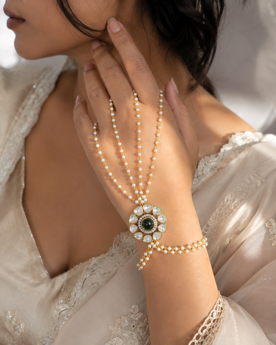 Polki Pearl Floral Haath Phool Bracelet