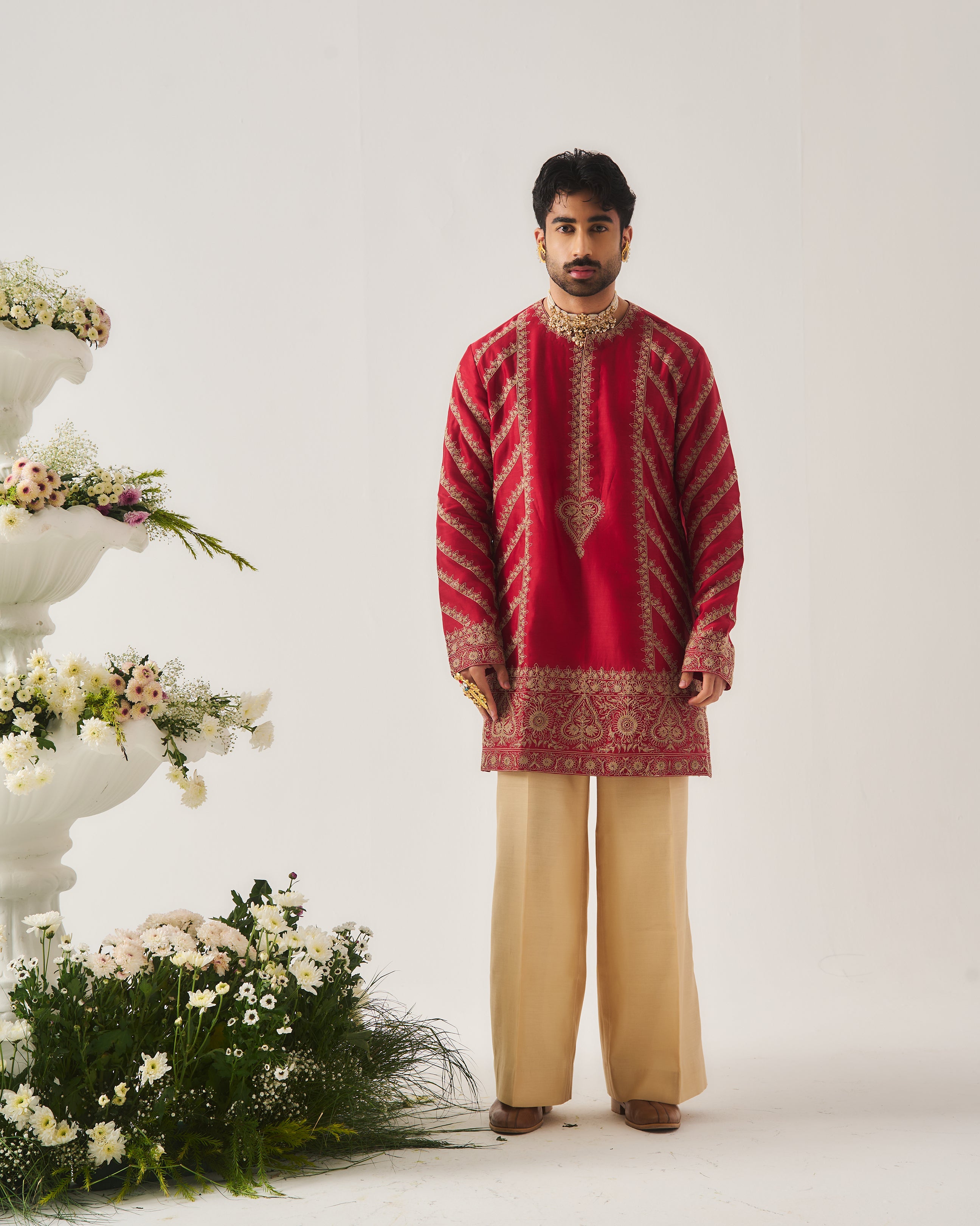 Kurta With Flare Pants / Chanderi / Deep Red / Paan Booti / Dori Embroidery