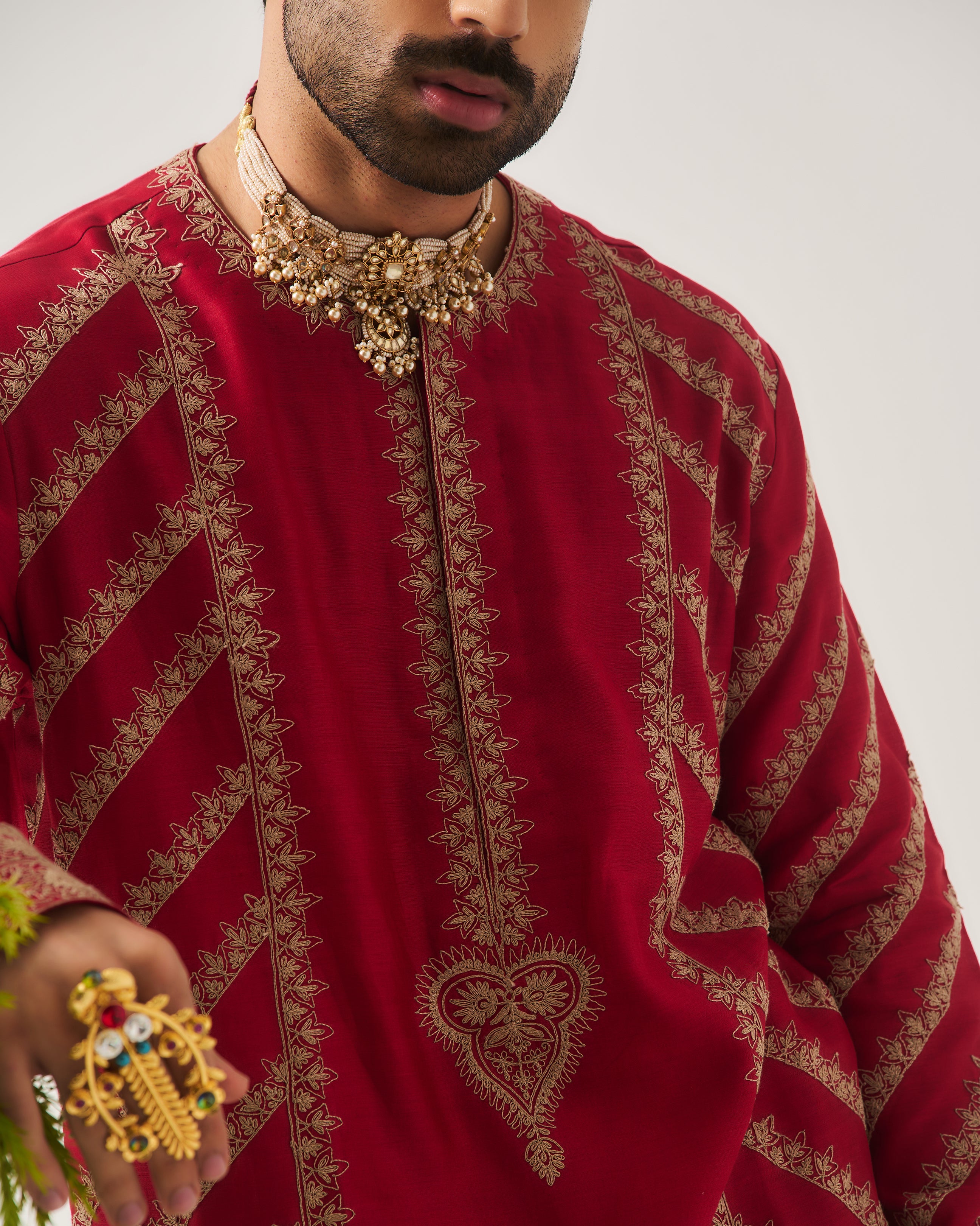 Kurta With Flare Pants / Chanderi / Deep Red / Paan Booti / Dori Embroidery