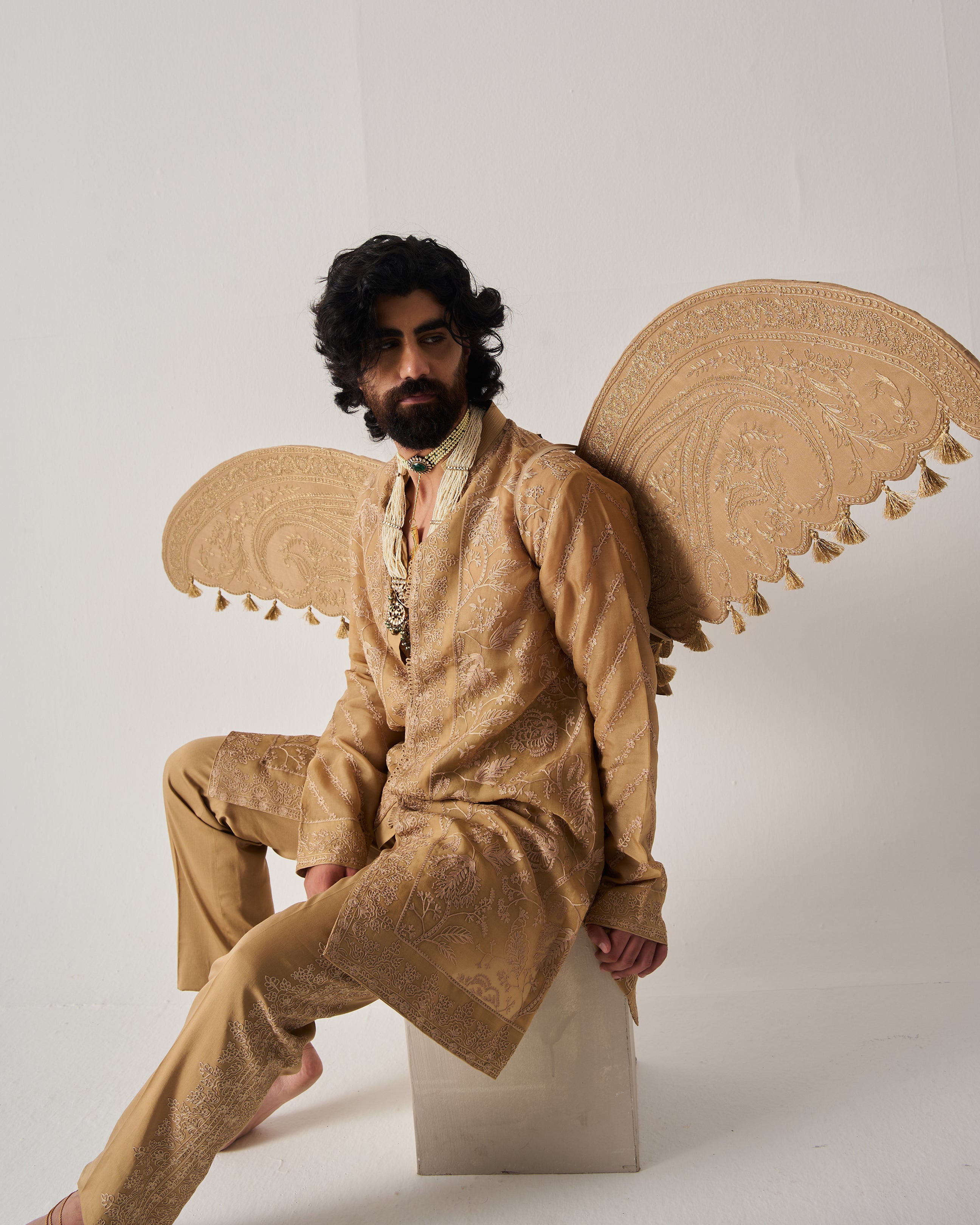 Front Open Kurta With Pants / Organza Silk / Sand / Whispering Vines / Aari Embroidery