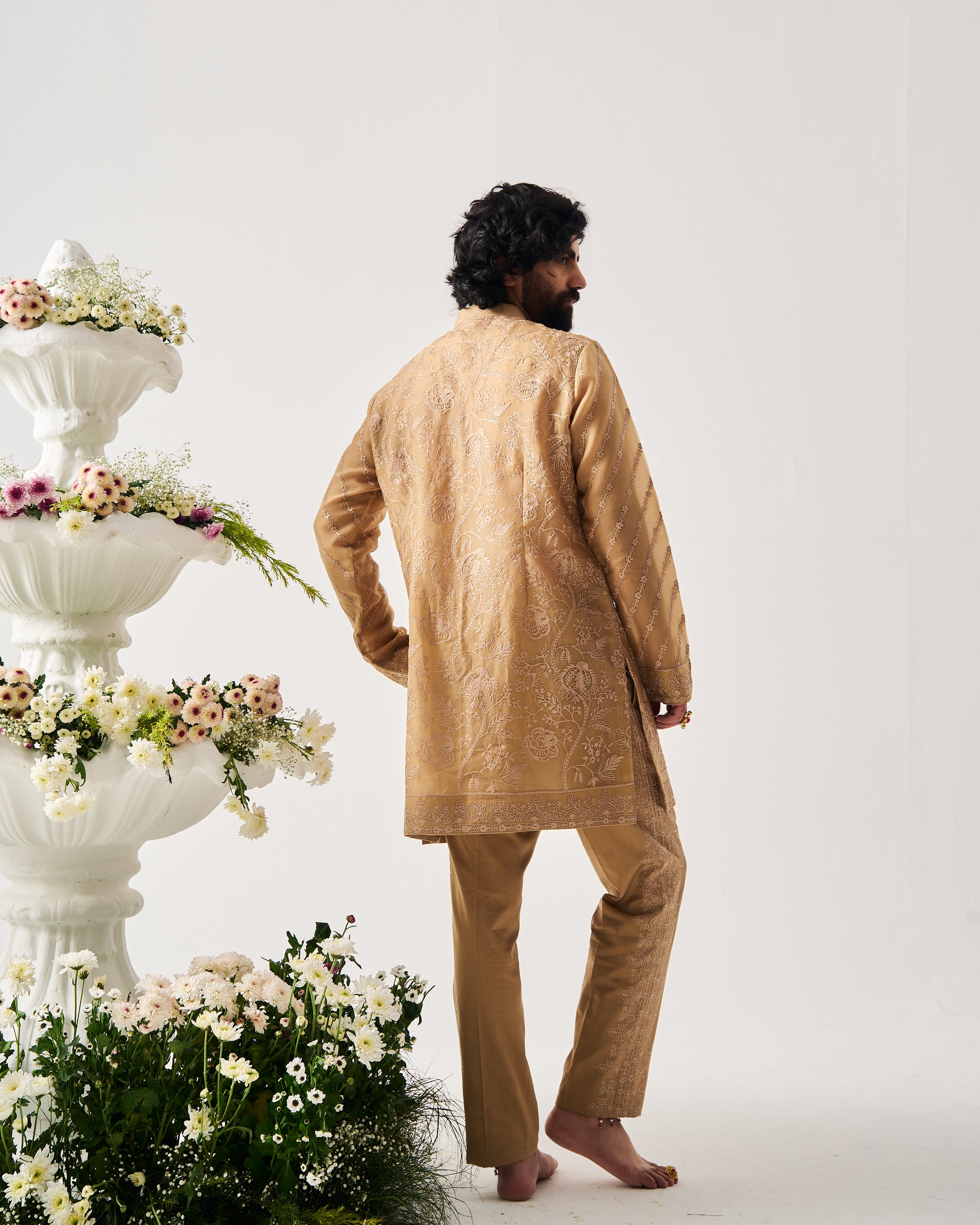 Front Open Kurta With Pants / Organza Silk / Sand / Whispering Vines / Aari Embroidery