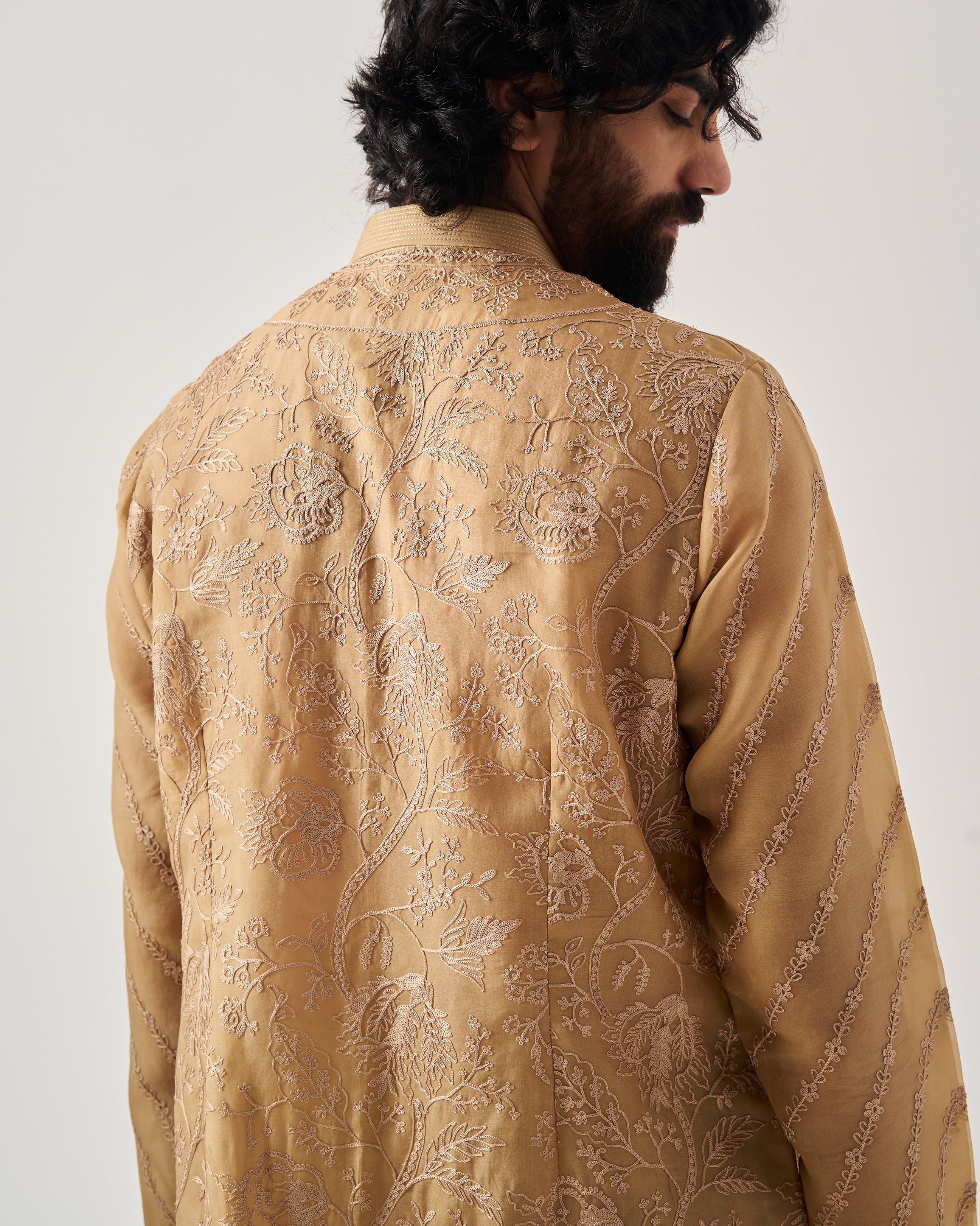 Front Open Kurta With Pants / Organza Silk / Sand / Whispering Vines / Aari Embroidery