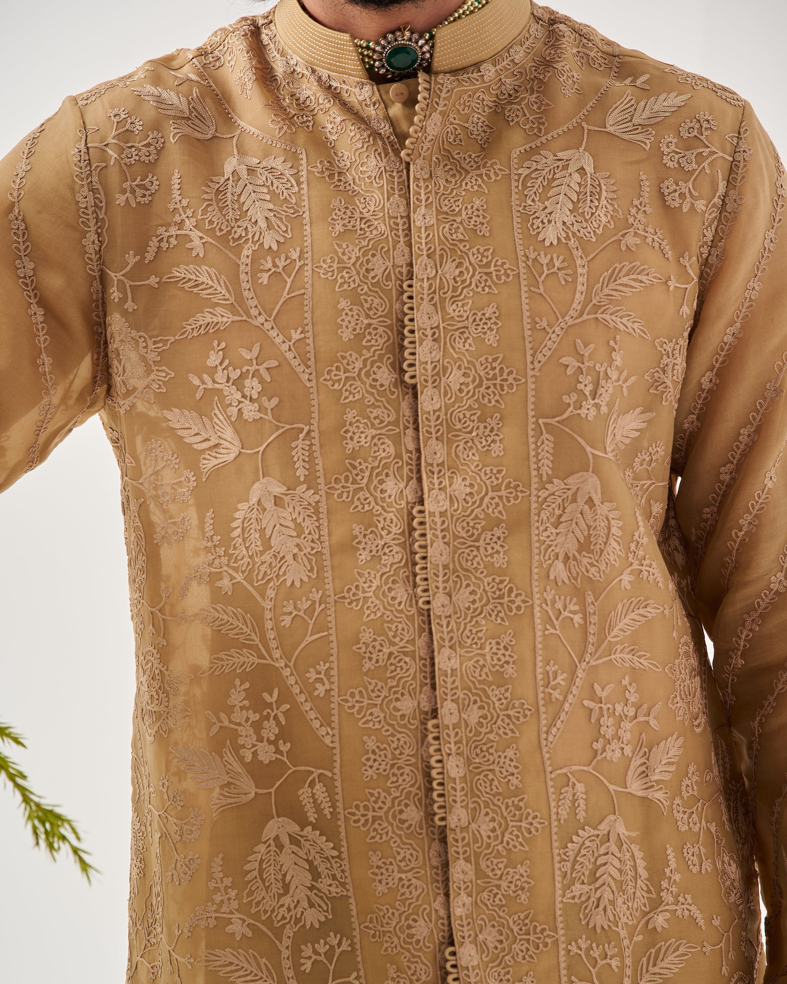 Front Open Kurta With Pants / Organza Silk / Sand / Whispering Vines / Aari Embroidery