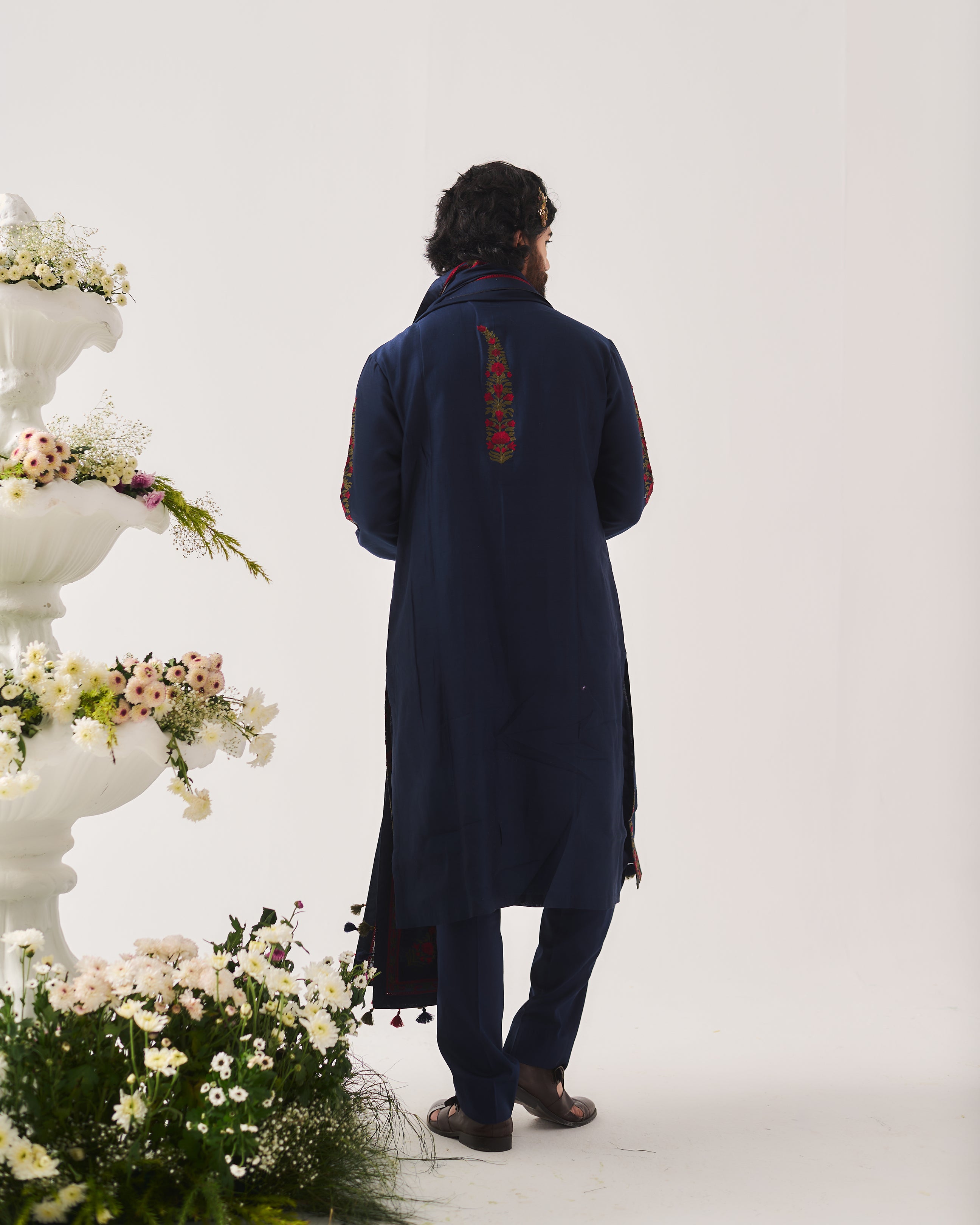 Kurta With Pants and Dupatta / Chanderi / Midnight Blue / Linear Paisley / Aari Embroidery