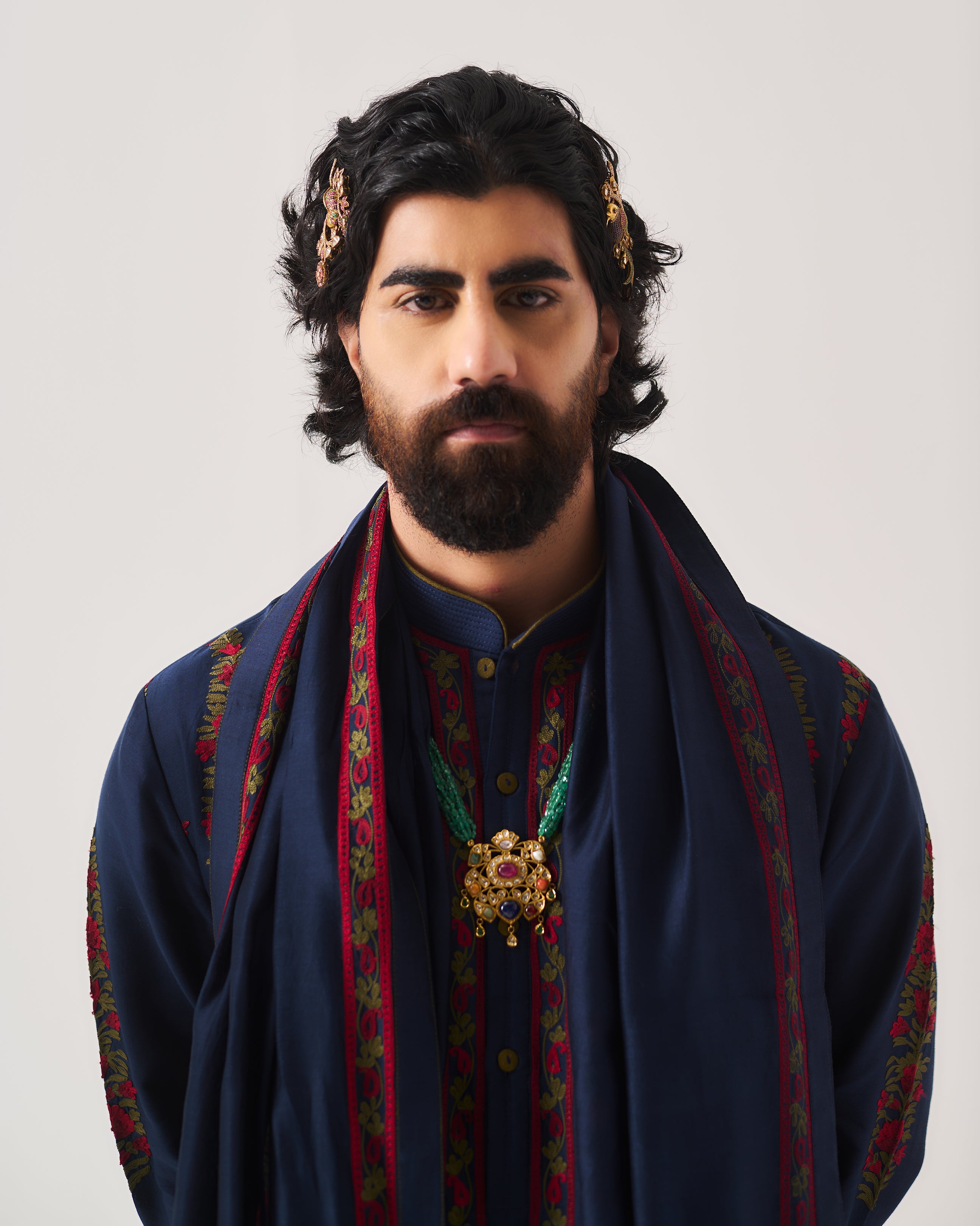 Kurta With Pants and Dupatta / Chanderi / Midnight Blue / Linear Paisley / Aari Embroidery