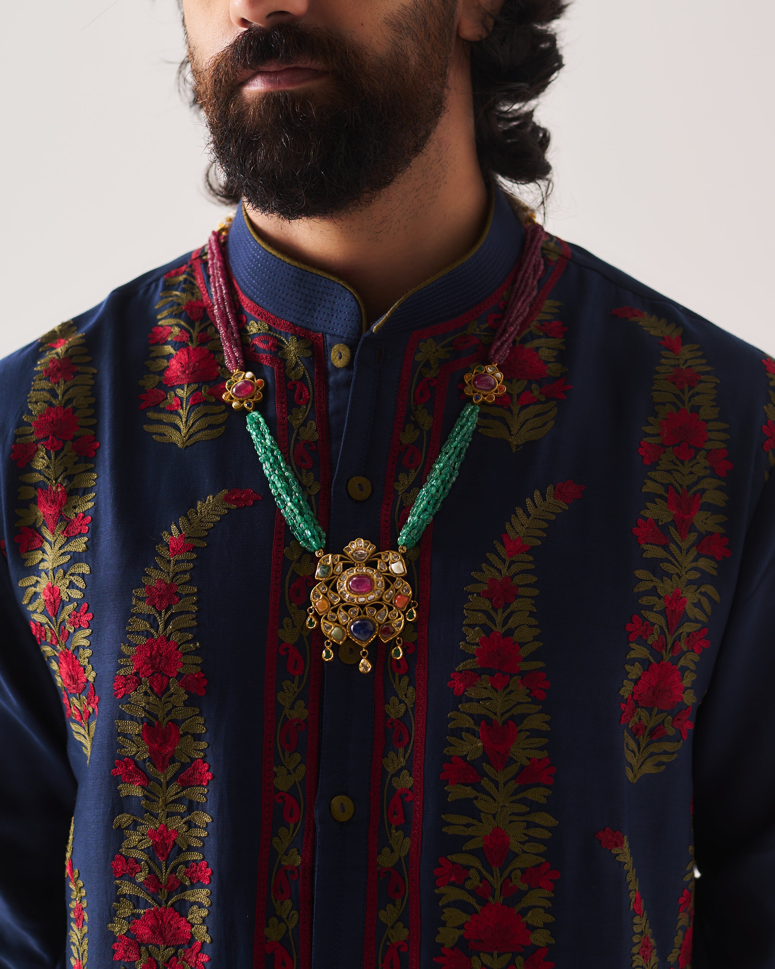Kurta With Pants and Dupatta / Chanderi / Midnight Blue / Linear Paisley / Aari Embroidery