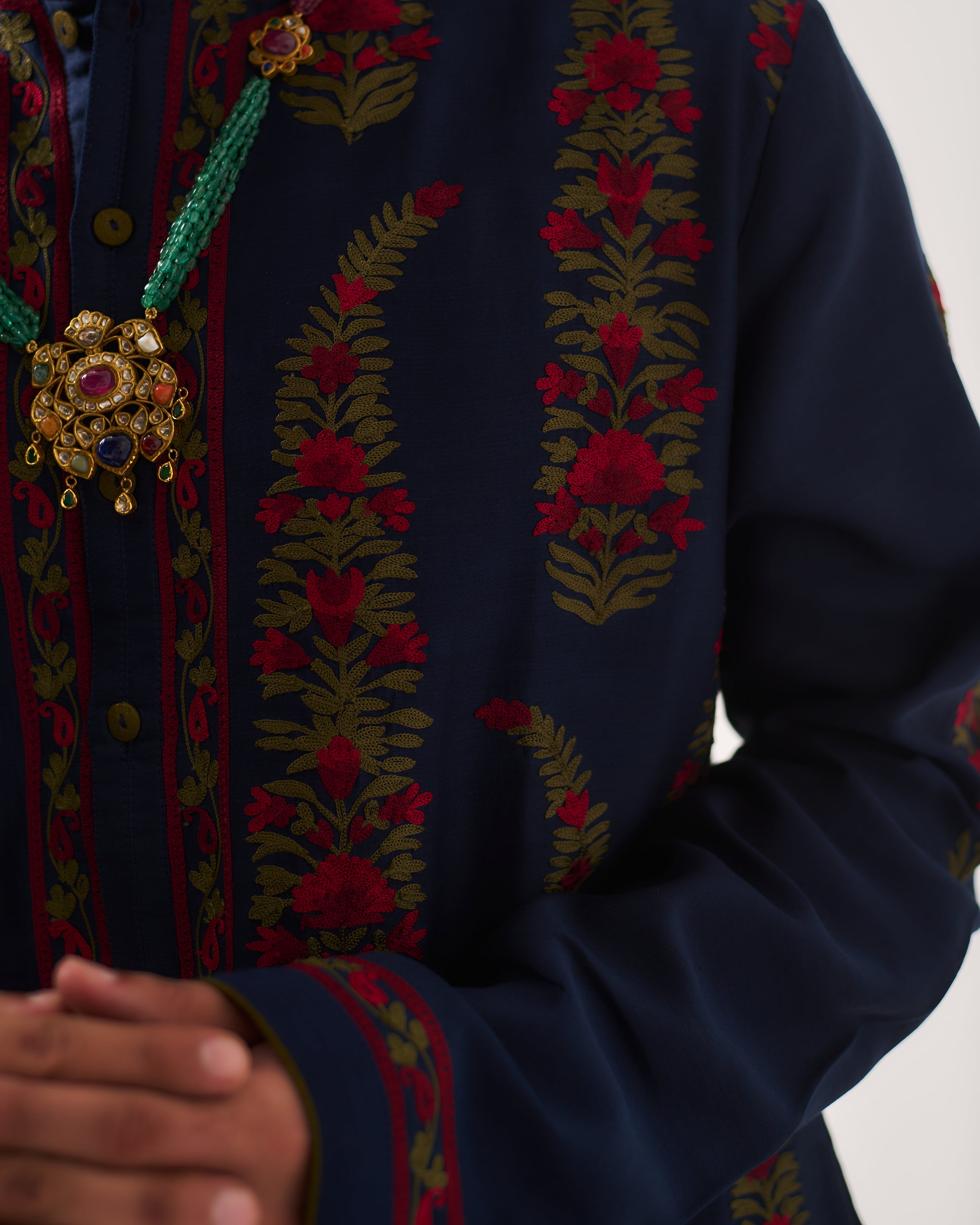 Kurta With Pants and Dupatta / Chanderi / Midnight Blue / Linear Paisley / Aari Embroidery