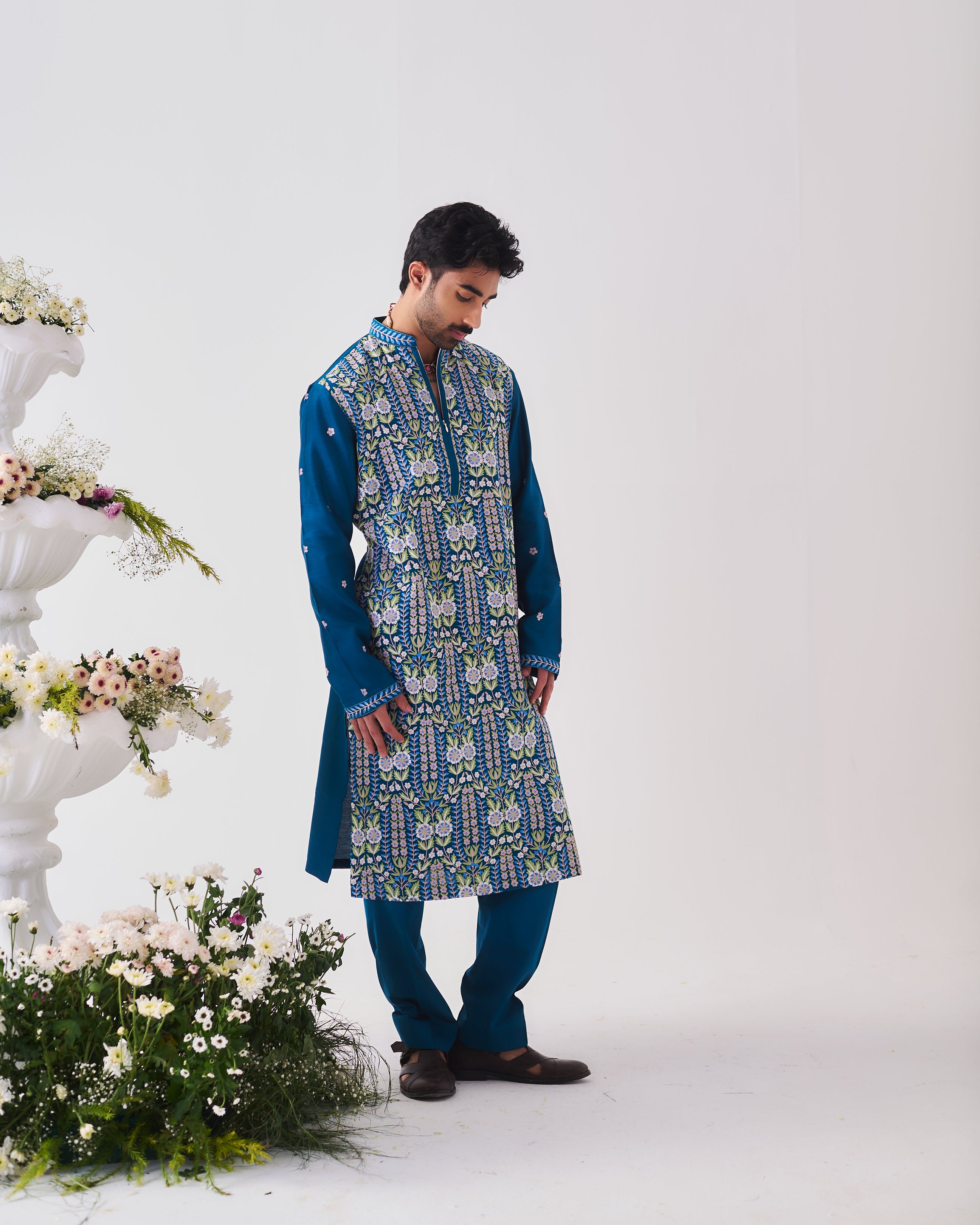 Kurta With Pants / Chanderi / Teal Blue / Shalimar Bagh / Aari Embroidery