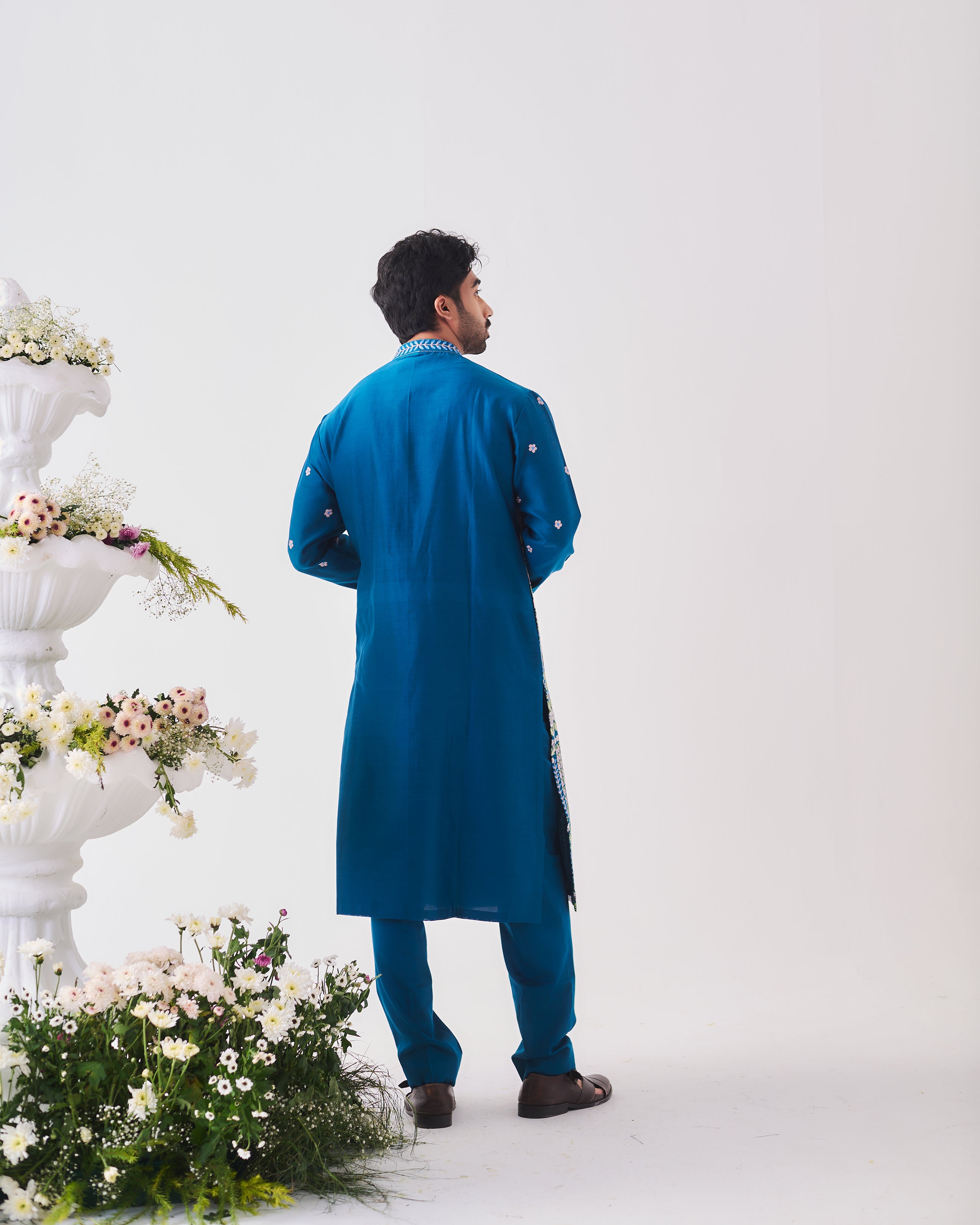 Kurta With Pants / Chanderi / Teal Blue / Shalimar Bagh / Aari Embroidery